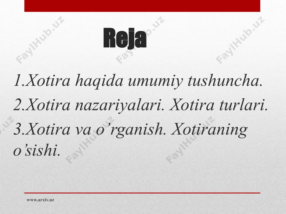 tarkib toptirishga sababchi bo’lgan faktor asosan shaxs faoliyatidir, deb qarovchi nazariya tobora e`tirof etilmokda. anna shu kontsepsiyaga muvofik esda olib qolish, esda saqlash va qayta esga tushirish jarayonlarining amalga oshirilishi sub`ekt faoliyatida anna shu material qanday o’rinda turishi bilan belgilanadi. www.arxiv.uz xotira mashqi www.arxiv.uz xotiraning har xil turlarini ajratishda eng umumiy asos qilib xotira harakteristikasining esda olib qolish va qayta esga tushirish jarayonlari amalga oishiriladigan faoliyat xususiyatlariga bog’liqligi olinadi. bunda xotiraning ayrim turlari uchta asosiy mezonga muvofiq ravishda bo’linadi. ko’proq faoliyatda ko’rinadigan psixik aktivlik harakteriga qarab, xotirani harakat, emotsional obrazli, va mantiqiy xotira turlariga bo’linadi. www.arxiv.uz faoliyat maqsadi harakteriga ko’ra, ixtiyorsiz va ixtiyoriy xotira turlariga bo’linadi. materialni qancha vaqt esda olib qolish va esda saqlsh muddatiga qarab (faoliyatda xotiraning roli va o’rni jixatidan) qisqa muddatli, uzok muddatli va operativ xotira turlariga bo’linadi. inson faoliyatining har xil turlarida psixik aktivlikning turlicha ko’rinishlari ustun turishi mumkin. masalan, harakat emotsional, sensor inteluktal psixik …