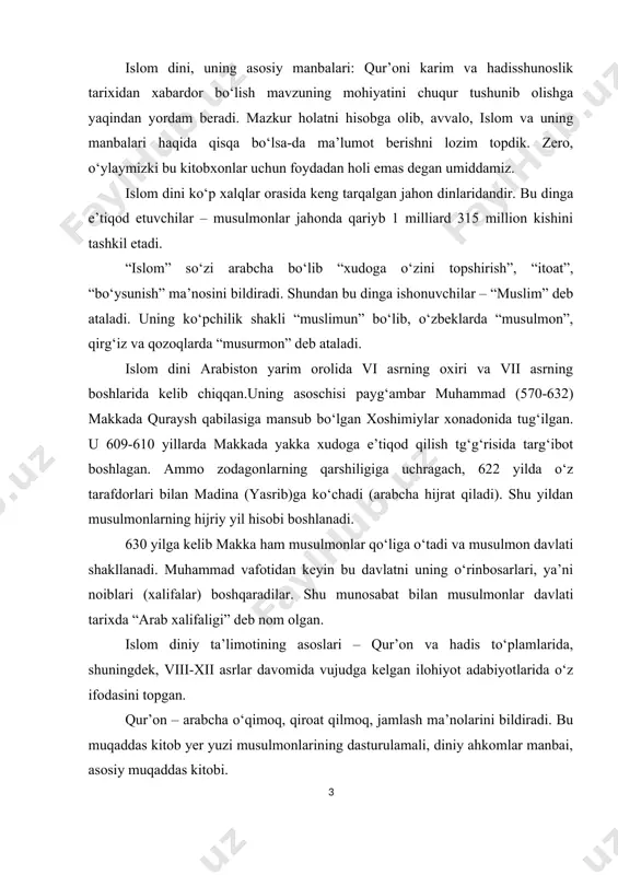 u muqaddas kitob yer yuzi musulmonlarining dasturulamali, diniy ahkomlar manbai, asosiy muqaddas kitobi. qur’oni karim ilohiy kitob bо‘lib, u farishta jabroil alayhissalom tomonidan 610-622 yillarda makkada, 622-632 yillarda madinada, jami 23 yil mobaynida nozil etilgan. muhammad alayhissalom qur’on oyatlarini farishta jabroildan eshitib yod olar edilar. keyin boshqa musulmonlar u kishidan eshitib yodlab olishardi. ayni paytda yozishni biladigan sahobalar jumladan, abu bakr, umar, usmon, ali, zayd ibn sobit, ubay ibn ka’b (r.a.) kabi sahobalar oyatlarni yod olish bilan birga, ularni xurmo daraxtining pо‘stlog‘iga, yapaloq toshlarga, katta suyaklarga, teriga, qog‘oz va shunga о‘xshash narsalarga qur’on oyatlarini yozib borganlar. payg‘ambar alayhissalom ularga yangi tushgan oyat qaysi suradan ekani va qayerda turishi lozimligini kо‘rsatib turganlar. muhammad alayhissalom hayotlik vaqtlarida, yana vahiy tushib qolar degan maqsadda qur’on jamlab kitob shakliga keltirilmagan. u kishining vafotlaridan keyin qur’on kishilarning qalbida, xotirasida va yozuvlarda saqlanib qoldi. payg‘ambar vafotlaridan sо‘ng rо‘y bergan g‘alayonlarning birida qur’onni tо‘liq yod olgan kо‘plab …