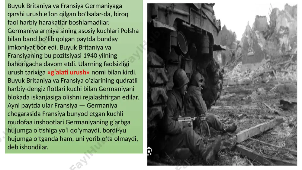 ermaniya allaqachon sovet davlatiga qarshi urush rejasiga ega edi. u tarixga «barbarossa rejasi» nomi bilan kirgan (fridrix 1 barbarossa davlat yerlarini sharq hisobiga kengaytirish tashki lotchilaridan biri edi). germaniya sovet davlatiga hujum qilish oldidan o‘z ittifoqchilari bilan aloqalarni yanada mustahkamladi. shu maqsadda 1940-yilning 27-sentabrida «uchlar ittifoqi» (germaniya — yaponiya — italiya) shartnomasi tuzildi. bu shartnoma amalda dunyoni qayta bo‘lish shartnomasi edi. tez orada bu shartnomaga ruminiya, vengriya va bolgariya ham qo‘shildi va ular hududiga germaniya armiyasi joylashtirildi. har tomonlama puxta hozirlik ko‘rgan germaniya 1941-yilning 22 iyunida erta tongda urush e’lon qilmay sovet davlatiga hujum qildi germaniya o‘z qurolli kuchlarining deyarli 80 foizini sovetlarga qarshi tashladi. bu front amalda ikkinchi jahon urushining asosiy frontiga aylandi. germaniya dastlab sovet armiyasiga qaqshatqich zarba bera oldi. bunga armiyaning 40 mingga yaqin rahbarlar tarkibi repressiya qilinganligi, i. stalinning germaniya buyuk britaniyaga qarshi urushni tugallamay turib, ikkinchi frontda urush qilolmaydi, degan ishonchi sabab bo‘ldi. shuning uchun …
