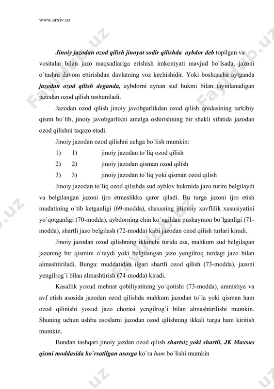 ki jinoyatlar majmui shaxs ikki yoki undan ortiq jinoyat sodir etganda va ular uchun sudlanmagan hollarda huquqiy ahamiyatga ega hisoblanadi. shu bilan birga shaxs muayyan shartlar asosida jinoiy javobgarlikdan ozod qilinganda ham sudlanmagan hisoblanadi. jinoiy jazodan ozod qilish sud hukmida tayinlangan jazodan to`liq yoki qisman ozod qilish hisoblanib, bunda sudlanganlik holati saqlanib qoladi. jinoyat kodeksining 65, 66, 68, 69, 70, 71, 76-moddalariga binoan ilgari sodir etgan jinoyati uchun javobgarlikdan va jazodan ozod qilingan shaxs takroran jinoyat sodir etish yoki ilgari ham qasddan jinoyat sodir eganlik uchun sudlangandan so`ng yangi jinoyat sodir etsa bu holat jazoni og`irlashtiruvchi holat hisoblanmaydi. bundan ko`rinib turibdiki, jinoiy jazodan ozod qilish sudlanganlik oqibatini bekor qilmaydi. [144] jinoiy jazodan ozod qilishni muayyan shartlar mavjud bo`lgandagina qo`llash mumkin. uni qo`llash asoslaridan biri jinoiy jazoni qo`llashning maqsadga muvofiq emasligidir. ayni bitta asos ishni qaysi bosqichida qo`llanilayotganligiga qarab, jinoiy javobgarlikdan ozod qilishga ham jazodan ozod qilishga ham xizmat qilishi mumkin. …