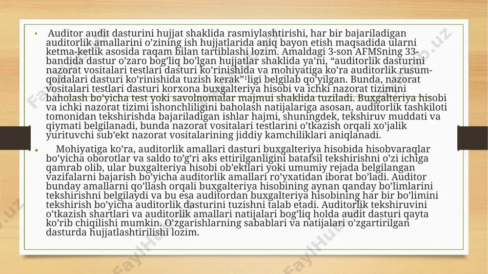 niladigan metodlar jamoatchilik ma’lumotlari bazasining qidirishdan variatsiyalanadi. mijozning shtatlari va boshqaruvini muhokama qilish boshqaruv nazoratining ichki vositalari va extimoliya risklarni baholashda muhim hisoblanadi. bu muxokamalar quyidagilarni o’z ichiga olishi mumkin: mijozning boshqaruvda tashkiliy tuzilmalarida va operatsiyalaridagi o’zgarishlar; bazaning mijozga ta’sir qiluvchi ijtimoiy texnik va iqtisodiy omillarining joriy rivojlanishi; joriy yoki kelgusidagi moliyaviy qiyinchiliklar yoki xisob muomalalari; korxona moliyaviy xisobotlarini xato yoki firibgarlik oqibatidagi moddiy jixatdan noto’g’ri yozishma (ariza) larga tasirchanligi; bog’liq tomonlarning mavjudligi; yangi yoki yopiq ko’chmas mulk va ishlab chiqarish korxonalari vositalari; texnologiyadagi mahsulotlar yoki ishlab chiqarish xizmatlari yoki taqsimlash kabi yaqindagi yoki osilib qolgan o’zgarishlar; buxgalteriya tizimi va ichki boshqaruv tizimidagi o’zgarishlar; mijozni yangi tekshirish. 7 yangi mijozni qabul qilishdan oldin auditorlik firmasi mijoz maqbulligini aniqlash uchun to’liq tekshirish ko’radi va agar auditor mustaqillikning etika talablarini, ma’lum vakolatlikni qondira olsa (ishni qabul qiladi) va boshqa. auditor, shuningdek, mijoz uchun auditni davom ettirmaslik haqida qaror qilish ham mumkin, chunki …