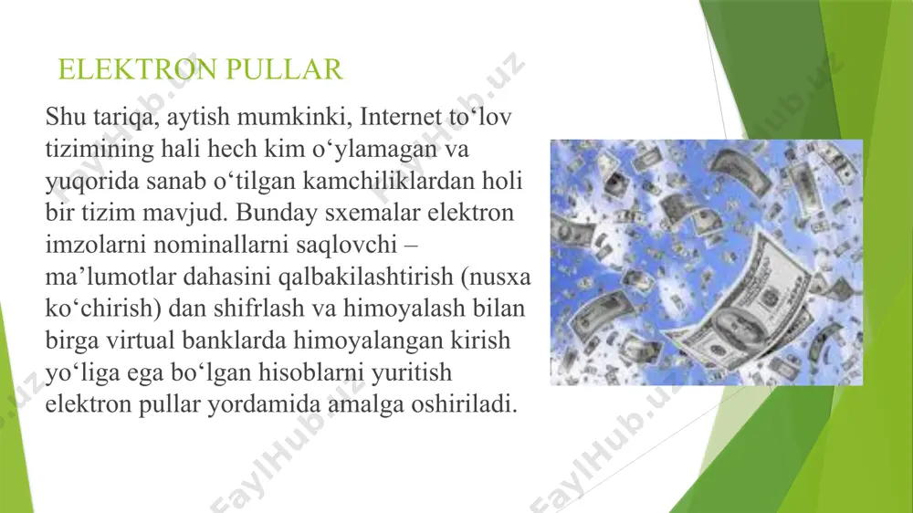 hiq tarzda almashinuv; • ma’lumotlar almashinuv bosqichida shifrlangan ma’lumotlar tizimi; • guvohnomalardan foydalanishni ko‘zda tutadigan tizimlar; • internet tarmog‘ida kliring tizimlari; • raqamli naqd pullar (shk ko‘rinishidagi); • raqamli naqd pullar (smart card ko‘rinishidagi). xulosa xo’sh, elektron to’lov tizimning afzalliklari nimadan iborat: haridor o’ziga qulay vaqt, joy va tezlikda mahsulotni tanlash va sotib olish imkoniyatiga ega savdo-sotiq faoliyatini ish faoliyati bilan birga parallel ravishda, ya’ni ishlab chiqarishdan ajralmagan holda olib borish imkoniyati ko’p sonli xaridorlarning bir vaqtning o’zida bir nechta sotuvchilarga murojaat qila olish imkoniyati image1.png image2.jpeg image3.jpeg image4.jpeg image5.jpeg