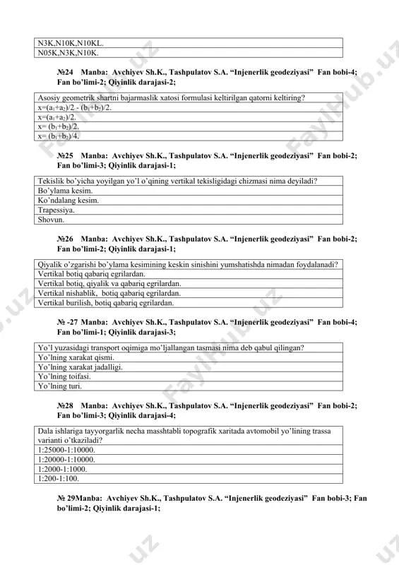 eodeziyasi” fan bobi-1; fan bo’limi-2; qiyinlik darajasi-3; qidiruv ishlari hajmining necha % ini aeroqidiruv ishlari tashkil etadi? 40%-60%. 50%-60%. 60%-70%. 70%-80%. №32 manba: avchiyev sh.k., tashpulatov s.a. “injenerlik geodeziyasi” fan bobi-5; fan bo’limi-2; qiyinlik darajasi-2; texnik me’yoriy talablarga nimalar kiradi? plandagi egrining radiusi, bo’ylama qiyaligi, vertikal egrilarning radiusi. plandagi egrining radiusi, burchak burilishi, bo’ylama qiyaligi, vertikal egrilarning radiusi. plandagi egrining radiusi, kundalang qiyalik, bo’ylama qiyaligi, vertikal egrilarning radiusi. plandagi egrining radiusi, kritma qiyaligi, bo’ylama qiyaligi, vertikal egrilarning radiusi. №33 manba: avchiyev sh.k., tashpulatov s.a. “injenerlik geodeziyasi” fan bobi-3; fan bo’limi-1; qiyinlik darajasi-2; egrilarning minimal radiusilarining qiymati shnk qaysi sonida bo’yicha olinadi? shnk 3.01.04-04. shnk 4.01.04-04. shnk 3.04.04-04. shnk 4.05.04-04. №34 manba: avchiyev sh.k., tashpulatov s.a. “injenerlik geodeziyasi” fan bobi-4; fan bo’limi-3; qiyinlik darajasi-1; to’g’rilar va egrilar qaydnomasi hisoblanib necha masshtabda trassaning plani chiziladi? 1:10000. 1:9000. 1:8000. 1:7000. №35 manba: avchiyev sh.k., tashpulatov s.a. “injenerlik geodeziyasi” fan bobi-2; fan bo’limi-2; qiyinlik …