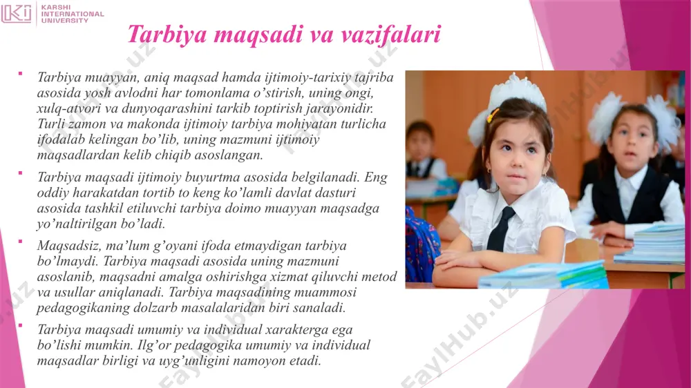 atish; ularning irodaviy sifatlari (kuch, chaqqonlik, uquvlilik va boshqalar)ni rivojlantirish; oʼquvchilarning gigienik koʼnikmalarni rivojlantirish; ularda maʼnaviy-axloqiy sifatlar (dadillik, qatʼiyatlik, intizomlilik, masʼuliyatlik, jamoa bilan boʼlish)ni tarbiyalash; oʼquvchilarda jismoniy tarbiya va sport bilan doimiy va muntazam shugʼullanishga boʼlgan ehtiyojni shakllantirish; oʼquvchilarning sogʼlom va baquvvat boʼlishlariga erishish. jismoniy tarbiyani bolalarning maktabgacha yoshidan boshlab muntazam tashkil etish maqsadga muvofiqdir. jismoniy tarbiya taʼlim muassasalarida oʼqitilishi yoʼlga qoʼyilgan fanlardan biri sanaladi. sinfdan va maktabdan tashqari sharoitlarda tashkil etiluvchi jismoniy mashgʼulotlar jismoniy tarbiya darslarining samaradorligini taʼminlovchi qoʼshimcha tadbir hisoblanadi. jismoniy tarbiya tarbiyaning boshqa tarkibiy qismlari bilan mustahkam bogʼlangan hamda ular bilan birgalikda har tomonlama rivojlangan shaxsni shakllantirish vazifalarini hal etadi. demak, yuqorida taʼkidlaganidek, yoshlarni aqliy jihatdan kamol toptirishning birinchi sharti ularni ilm olishga daʼvat etishdir. аxloqiy tarbiya muayyan jamiyat tomonidan tan olingan va rioya qilinishi zarur boʼlgan tartib, odob, oʼzaro munosabat, muloqot va xulq-atvor qoidalari, mezonlarini oʼquvchilar ongi, hayoti, turmush tarziga singdirish maqsadida tashkil etiluvchi pedagogik jarayondir. …