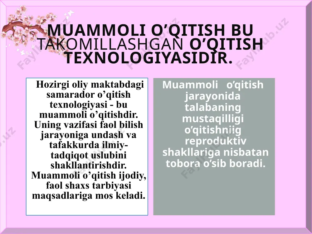 i bilimlarni shakllanpshrishga olib keladigan noma’lumning bo’lishi talabalarda noma’lumni topish yo’lida talantni amalga oshirshi uchun zarur bo’lgan muayyan bilim zaxirasining bo’lishi. fikrlash tarbiyasi: e’tibor beriladi mantiqiy fikrni rivojlantirishga tanqidiy fikrni rivojlantirishga ijodiy fikrni rivojlantirishga e’tibor berilmaydi fikrni boshqarishga fikrning axloqini tarbiyalashga fikr tarbiyasiga v.i. borodkin tafakkurning 2 turini ajratadi: reflektor tafakkur mental tafakkur muammoli ta’lim darajalari 1-daraja o’qituvchi tomonidan muammo yaratiladi va uni yechish yo’llari ko’rsatib o’tiladi. o’rganish darajasi. 2-daraja. o’qituvchi tomonidan muammo yaratiladi va yechimi talabalar bilan birgalikda aniqlanadi. hamkorlik darajasi muammoli o”qitish ta”limi foydalanilgan adabiyotlar: saidaxmedov n “yangi pedagogik texnologiyalar” -t:2003 n.n.аzizxo’jayeva. pedagogik texnologiya va pedagogik mahorat. – т.: тdpu, 2003. image4.png image5.jpeg image6.gif image7.jpeg image2.png /docprops/thumbnail.jpeg