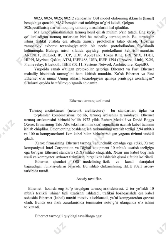 y drayveri bajaradi). aynan shu bosqichlarda tarmoq topologiyasi, uzatish tezligi, axborot almashishni boshqarish usuli va paket formati (o’lchami), tarmoq turiga to’g’ri taalluqli ko’rsakichlar aniqlanadi (ethernet, token­ring, fddi). yuqori bosqichlar to’g’ridan­to’g’ri biror aniq qurilma bilan ishlamaydi, vaholangki 3,4 va 5 bosqichlar qurilma xususiyatlarini hisobga olishlari mumkin. 6 va 7 bosqichlar umuman qurilmalarga hech qanday aloqasi yo’q. tarmoq qurilmalaridan birini boshqa birorta qurilma bilan o’zgartirganda ham ular buni hech vaqt sezmaydilar. 2­bosqich (kanal bosqichi) ikkita bosqich ostiga ajratiladi: yuqori bosqich osti (llc – logical link control, верхний подуровень) – bu bosqich osti mantiqiy ulashni amalga oshiradi, ya’ni virtual aloqa kanalini o’rnatadi (uning vazifasini bir qismini tarmoq adapterlarining drayver dasturi bajaradi). quyi bosqich osti (mac – media access control, нижний подуровень) – bu bosqich osti aloqa uzatish muhiti (aloqa kanali) bilan to’g’ridan­to’g’ri ega bo’lishni amalga oshiradi. u tarmoq qurilmasi bilan to’g’ri bog’langan. osi modelidan tashqari, 1980­yili fevral oyida qabul qilingan (802 soni yil …