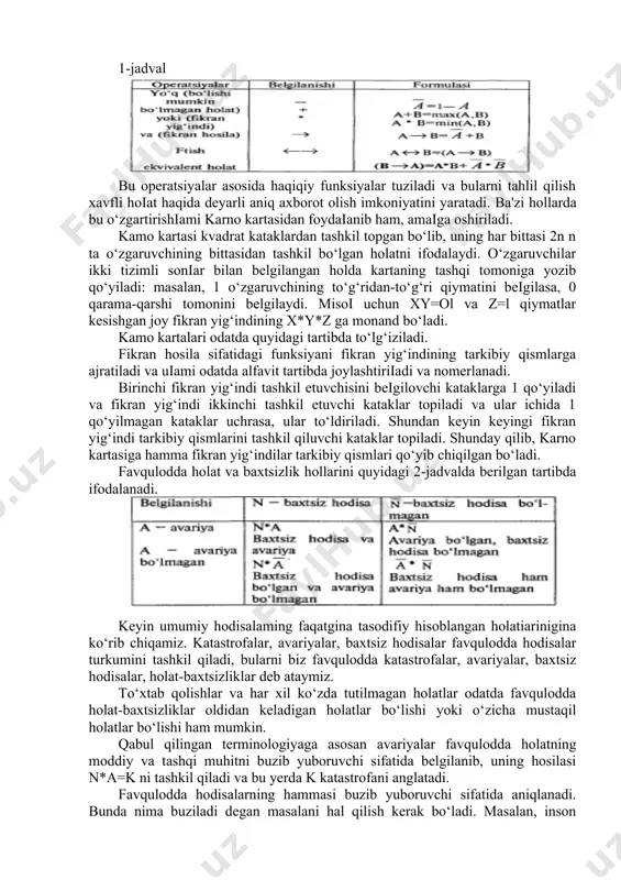 dudiararo va mamiakat hamda dunyoviy miqyosda ajratish mumkin. mujassamiashish doimiy va nodoimiy bo‘lishi mumkin. ima tizimiga kiruvchi obyektiaming nodoimiy mujassamlashish jarayonida favquiodda hoiat vujudga kelishi mumkin. buni xavf-xatar tahlili usulini va tuzilishini quyidagi jadvallarda ko‘rib chiqamiz. favquiodda hodisa ima tizimida nisbatan qisqa muddat ichida yuz berishi mumkin bo‘lgan hisobga olinmagan, rejaiashtirilmagan noxush va ko‘ngilsiz voqea bo‘lib, butun ish rejasini buzib yuboradi. baxtsiz hodisa favqulodda hodisaning inson oranizmiga zarar yetkazish bilan tugallangan ko‘rinishidir. hodisa to‘xtashning inson xulqi yoki noto‘g‘ri harakati natijasi deb tushuniladi. xavf-xatar tahlilida asosan muhim bo‘lgan quyidagi savollarga javob topish yo‘li bilan amalga oshiriladi. qaysi obyektlar xavfli va ularning xavfi nimada? qanday favqulodda hodisalarni oldini olish mumkin? qaysi favqulodda hodisalarni to‘liq yo‘qotish mumkin emas va u tez-tez bo‘jib turadimi? oldi olinmagan favqulodda hodisalar odarnlarga, moddiy obyektlarga va atrof-muhitga qanchalik zarar yetkazishi mumkin? xavf-xatarni tahlil qilish uning xavtlilik darajasini aniqlagan holda uni yo‘qotishga qaratilgan chora-tadbirlar belgilash bilan yakunlanadi. bu albatta, …