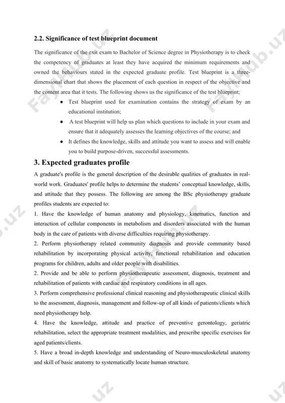 g and managing of sports injuries. 8. perform physiotherapeutic assessment, treatment and rehabilitation for patients/clients with neurological problems. 9. perform proper physiotherapeutic assessment, treatment and rehabilitation for patients/ clients with gynaecological and obstetrics conditions. 10. perform physiotherapeutic assessment, treatment and rehabilitation of pediatric conditions. 11. perform physiotherapeutic assessment, treatment and rehabilitation in cardiopulmonary conditions. 12. perform assessments and apply therapeutic exercises and different electro-physical modalities such as manipulation (soft tissue and joint mobilization), electrotherapy and cryotherapy for patients/clients. 13. perform as a team leader or member in injury and disability prevention and management 14. conduct research to contribute for the further development of physiotherapy and rehabilitation of common community problems within the country. 15. the skill to manage rehabilitation service projects by designing public health strategies, advocating, supervising, leading, managing, teaching and developing and implementing health policy locally, nationally and internationally. 16. the graduates will be able to work in …