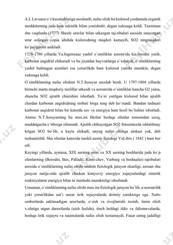 larda doimiy xarakterga ega. xatto omborlarda saklanadigan uruғlarda, o`sish va rivojlanishi tuxtab, tinim olish x.olatiga utgan daraxtlarda (қish faslida), tinch holdagi ildiz va ildizmevalarda, boshqa tirik xujayra va tuқimalarda nafas olish tuxtamaydi. faқat uning jadalligi past bo`lishi mumkin. nafas olishning tuxtab қolishi organizmning nobud bo`lishi bilan yakunlanadi. nafas olish koeffitsiyenti o`simliklarning nafas olish jarayoiida ajralib chiққan karbonat angidridning yutilgan kislorodga bo`lgan nisbatiga-nafas olish koeffitsienti deyiladi (nk): biologik oksidlanish jarayonida uglevodlardan tashқari boshqa organik moddalar (yorlar, yor kislotalari, oqsillar va boshқalar) o`am ishtirok etishi mumkin. shuning uchun nafas olish jarayonida ishtirok etadigan organik moddaturiga karab nafas olish koeffitsientining darajasi ham har xil bo`ladi. nafas olish jarayonida uglevodlar ishlatilsa, koeffitsient birga teng bo`ladi: c 6 h 12 o6 + 6o2 --------- 6co2 + 6h2o + energiya chunki bir molekula glyukozaning oksidlanishi uchun olti molekula kislorod yutiladi va olti molekula karbonat angidrid ajralib chikadi. nafas olish jarayonida yor kislotalari va oқsillar ishlatilsa, nafas …