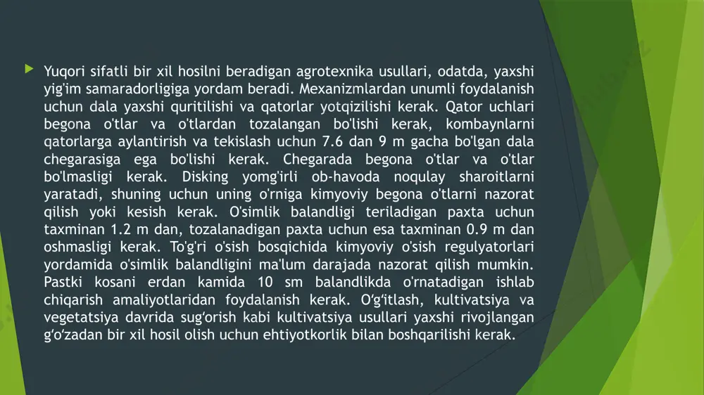 issiqlik yo'qotilishidan kelib chiqadi. issiq havo chigitli paxtani 6 dan 7 aylanish tezligida aylanadigan 400 yoki 500 ta aylanadigan shpikli tsilindrlardan iborat silindrli tozalagichga o'tkazishi bilan quritish davom etadi. stik mashinasi paxtadan kattaroq begona jismlarni, masalan, burma va tayoqlarni olib tashlaydi. stikli dastgohlar tola arra tomonidan ushlab turilgan holda, begona moddalarni "o'chirish" uchun 300-400 aylanish tezligida aylanadigan arra silindrlari tomonidan yaratilgan markazdan qochma kuchdan foydalanadi. qayta ishlab chiqaruvchidan osilgan begona moddalar axlatni qayta ishlash tizimiga kiradi. tsilindr uzunligi 4.9 dan 6.6 balya / soat / m gacha bo'lgan ishlov berish tezligi keng tarqalgan. paxta tozalash (zig'ir urug'ini ajratish) quritish va silindrlarni tozalashning navbatdagi bosqichidan o'tgandan so'ng, paxta konveyer-distributor tomonidan har bir paxta tozalash stendiga taqsimlanadi. paxta tozalash stendining tepasida joylashgan ekstraktor-oziqlantiruvchi chigit paxta chigitini nazorat qilinadigan stavkalarda bir xilda paxta tozalash stendiga o‘lchaydi va ikkinchi darajali vazifa sifatida chigitli paxtani tozalaydi. ekstraktor-oziqlantiruvchi aprondagi paxta tolasining namligi juda muhim. namlik etarlicha …