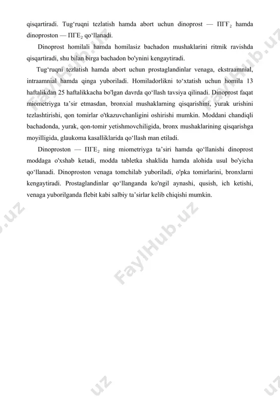 klari qisqarishini — tonusini oshirishdir. shoxkuyaga nisbatan bachadon mushaklarining sezuvchanligi homiladorlik vaqtida va tug‘ish jarayoni o'tib bo'lganda oshgan bo‘ladi. shoxkuya alkaloidlari, ayniqsa, ularning digidrolangan unumlari (digidroergotoksin, digidroergotamin) a-adrenolitik, serotoninga qarshi ta’sirga ega. shoxkuyaning boshqa alkaloidlari — ergotamin, ergotoksin bevosita qon tomirlarini qisqartirib, qon bosimini ko‘tarishi mumkin. ergotamin, ergotoksin markaziy nerv sistemasiga tinchlantiruvchi ta’sir ko'rsatadi, moddalar almashinuvini, taxikardiyani kamaytiradi. digidroergotamin, digidroergotoksin qon tomirlar qisqarganda qo‘llanadi. ergotamin va ergotoksin kombinirlangan kofetamin, belloid tabletkalarining tarkibida mavjud. shoxkuya ekstrakti, ergotamin va shoxkuya alkaloidlarining yig'indisi — ergotal bachadon atoniyasi bilan bog‘liq bo‘lgan qon ketishida qo‘llanadi. moddalar bachadon mushaklarini qisqartirib, tomirlar devorini qisib, qon ketishini to‘xtatadi. tug‘ruqdan keyin bachadonning qayta qisqarishini, o‘z holiga kelishini tezlashtiradi. shoxkuya moddalari menorragiyalarda, hayz siklining buzilishiga bog‘liq bo‘lmagan bachadondan qon ketishlarida qo‘llanadi, bu moddalari homiladorlik, tug‘ish davrida (bachadon mushaklarining tonik qisqaruvchanligi oshsa, homilada nafas yetishmovchiligi ro‘y berishi mumkin) qo‘llash man etiladi. tug‘ish davridan keyin yo‘ldosh ko‘chmasdan avval qo‘llash ham xavfli, chunki …
