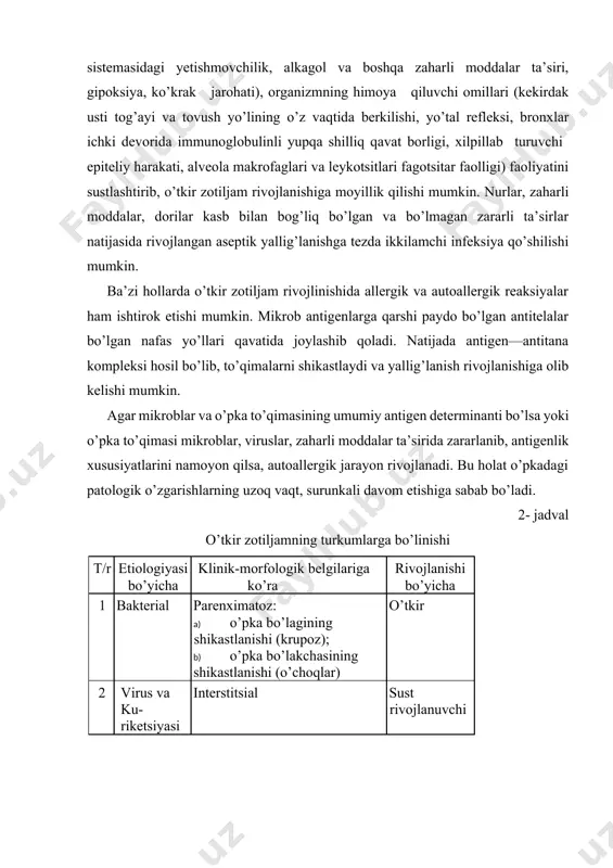 bo’ladi. yo’talganda, chuqur nafas olganda og’riq kuchayadi. bemorning nafas olishi (ayniqsa, o’pkaning katta qismi yallig’langanda) tezlashadi va yuzaki bo’ladi; labi, burni, qulog’i biroz ko’karadi; labi, og’iz, burun atrofiga uchuqlar toshadi. kasallikning klinik manzarasini patomorfologik o’zgarishlar davri bilan taqqoslaganda i bosqichga to’g’ri keladi. qonga to’lish davri kasallikning boshlang’ich — dastlabki kunlariga to’g’ri keladi. bunda bemorning umumiy ahvoli og’ir, tana harorati yuqori darajada (39—40°c) bo’lib, eti junjikadi. ko’krak qafasining sanchib og’rishi va havo yetishmovchiligidan shikoyat qiladi. bemorda avval quruq, so’ngra shilimshiq balg’am ajraladigan yo’tal paydo bo’ladi. tez-tez nafas oladi, nafas olishi ko’krakdagi sanchiq kuchaygani sababli sayoz bo’ladi, yo’taladi. qon aralash shilliq balg’am ajraladi. perkussiya qilinganda o’pkaning yallig’langan qismi sohasida qisqargan perkutor yoki bo’g’iq timpanik tovush eshitiladi. auskultatsiya qilinganda o’pkaning yallig’langan qismi sohasida vezikular nafasning susaygani, bundan tashqari, qisqa muddatli erta paydo bo’ladigan krepitatsiya eshitiladi. ayrim vaqtlarda plevra ishqalanishining shovqini eshitiladi. kasallikning ii bosqichida bemor yo’talganda temir zangi rangidagi balg’am ajraladi (o’zgargan gemoglobin …