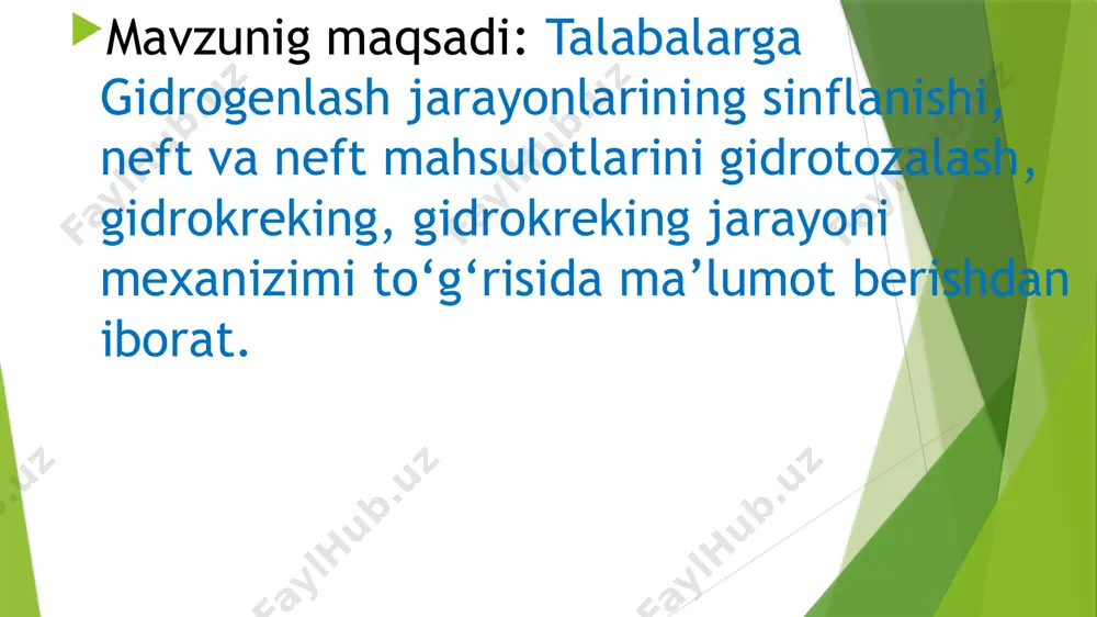 2s sul’fidlar merkaptanlar hosil bo‘lish bosqichi orqali gidrogenlanadi: rsr` +(h2) r`sh +(h2) r`h + h2s disulfidlar vodorod sulfid va tegishli uglevodorodgacha ham merkaptanlar hosil bo‘lish bosqichi orqali gidrogenlanadi: halqali sulfidlarga, masalan, tiofenda avval halqa uziladi, so‘ngra vodorod sulfid ajralib chiqib tegishli uglevodorod hosil bo‘ladi: tiofen, benzin va dibenztiofen avval tetragidrotiofenning hosilalarigacha gidrogenlanadi, keyin esa alkanlar va arenlarning alkilhosilalariga aylanadi: azot saqlagan birikmalarni o‘zgarishi. neft mahsulotlarida azot asosan geterotsiklda pirrol va piridinning hosilalari holida saqlanadi. c–n bog‘ning gidrogenolizi s–s bog‘inikiga qaraganda qiyinroq amalga oshadi, shuning uchun gidrotozalash jarayonlarida oltingugurtga qaraganda azotni yo‘qotish qiyinroq bo‘ldi. aminlar eng oson gidrogenlanadi: c6h5ch2nh2 + h2 c6h5ch3 + nh3 amin guruhni aromatik halqada saqlagan anilin ancha qiyinroq gidrogenlanadi: c6h5nh2 + h2 c6h6 + nh3 azot halqali birikmalardan juda qiyinchilik bilan ajratib chiqariladi. pirrol, butan va ammiakgacha gidrogenlanadi: piridin, pentan va ammiakga quyidagi sxema bilan aylanadi bisiklik va polisiklik arenlarni gidrogenlash geteroatomni saqlagan halqadan boshlanadi: gidrotozalash jarayonida …