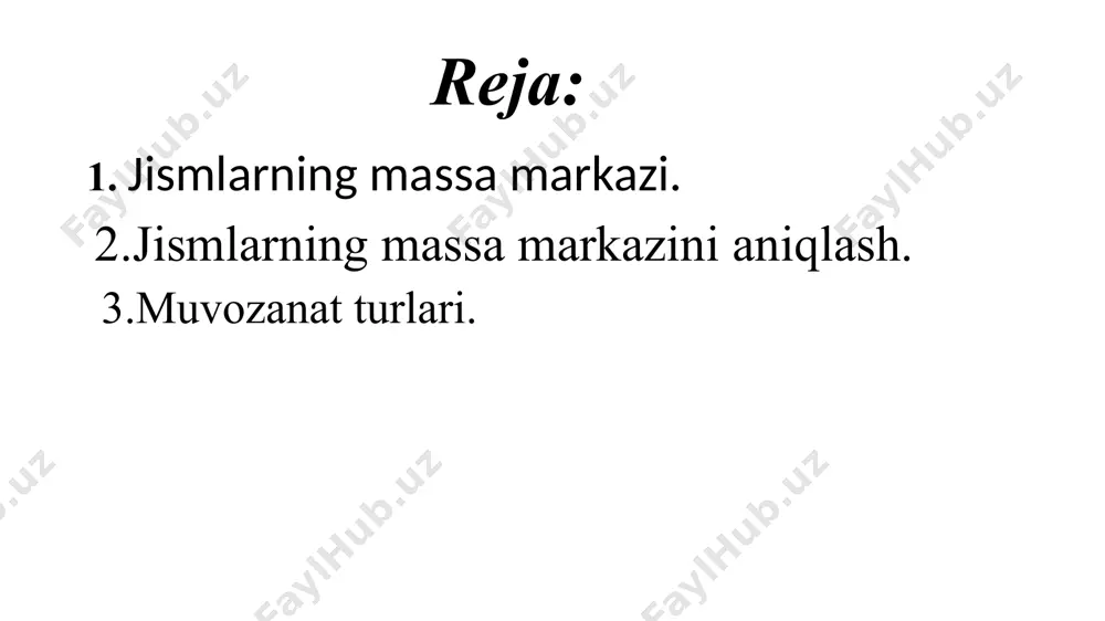 nima tushuniladi? 2. jismlarning massa markazi amalda qanday aniqlanadi? 3. ikkita bir xil to‘rtburchak shaklga ega bo‘lgan jismdan birining massa markazi tayanchdan hisoblanganda balandroq bo‘ldi. bu jismlardan qaysi birining muvozanati turg‘unroq bo‘ladi? 4. devorga o‘ng tomoningiz bilan suyanmasdan qapishib turing. endi chap oyog‘ingizni ko‘taring. bu holatda qola olasizmi? nega? 5. nima sababdan ko‘pchilik yurganda qo‘lini silkitadi? e’tiboringiz uchun raxmat. audio1.wav image1.png audio2.wav image2.png image3.png image4.png /docprops/thumbnail.jpeg