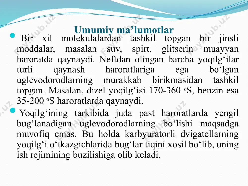 ar bug‘lanadi, bu fraksiyani qoldiq fraksiya deb ataladi. bu nuqtalar orasidagi haroratlar farqi qancha kam bо‘lsa, yoqilg‘ining sifati, uning tejamligi shuncha yuqori bо‘ladi va dvigatel detallari shuncha kam yeyiladi. yoqilg‘ida og‘ir uglevodorodlarning kо‘p bо‘lishi maqsadga muvofiq emas, chunki ular batamom bо‘linib ketmaydi. ular suyuq tomchi holatida qolib, porshen xalqalari orasidagi tirqishdan dvigatel karteriga tushib, uning yeyilishini va yonilg‘i sarfini oshiradi. bu harorat yozgi sort benzinlar uchun 180 os dan, qishki sort benzinlar uchun esa 160 os dan yuqori bо‘lmasligi kerak. tajribani о‘tkazish tartibi 100 sm3 benzin namunasi о‘lchab olinib, 2-rasmda kо‘rsatilgan kolba 1 ga quyiladi va benzin 13...18 os gacha sovutiladi. kolbaning bо‘g‘ziga termometr 2 о‘rnatilgan tiqin joylashtiriladi. sо‘ngra kolba shtativga о‘rnatilib, uning naychasi sovutgich trubkasi 3 ga kiritiladi. kolba naychasi sovutgich trubkasi 3 ichiga kamida 25 mm kirib turishi lozim. neft mahsulotining bug‘lanuvchanligini aniqlash asbobi. 1-kolba; 2- termometr; 3-sovutgich о‘tkazgichi; 4 va 6- suvni kiritish va chiqarish patrubkasi; 5 …