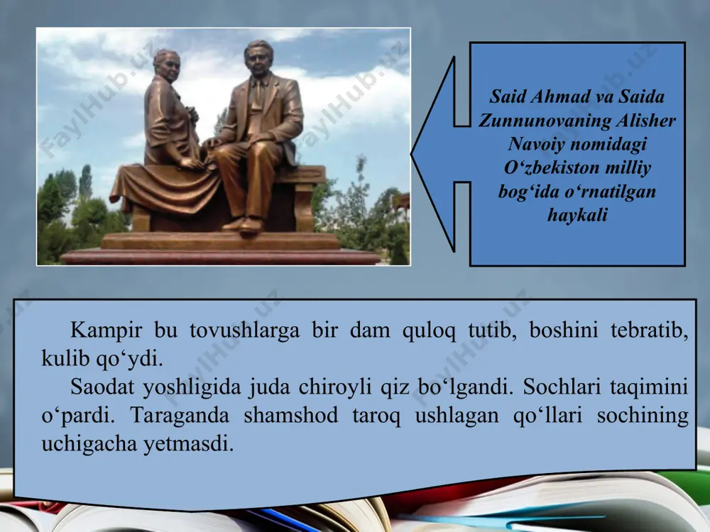 ‘z o‘tirgan joyidan bir sapchib ko‘cha tomon otildi. kampir uning ketidan borarkan: «hoy, muncha shoshasan, sekinroq», – deb javrardi. qorako‘z uning gapiga tushungandek, ko‘cha o‘rtasida to‘xtab orqasiga qaraydi. kampir yetib kelguncha yayrab qulog‘ini qashlaydi.