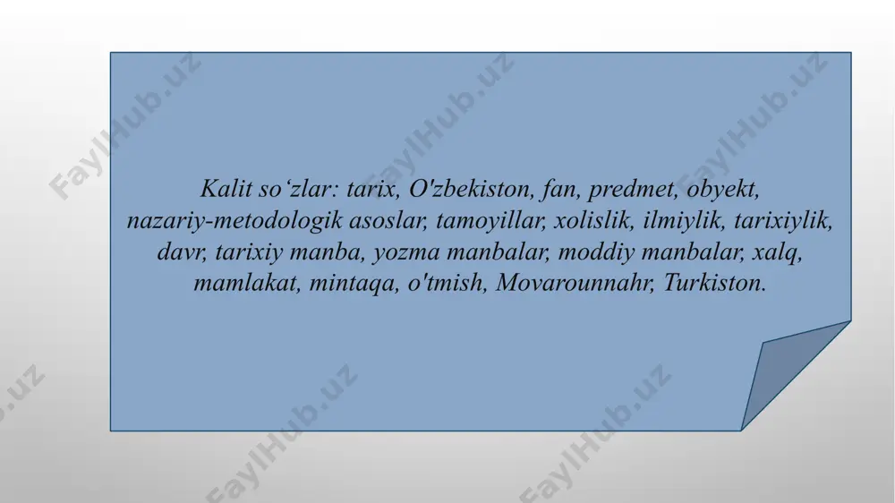 lardan iborat. din bilan dunyoviylik o‘rtasidagi mo‘tadil munosabat; tarixning milliy, umuminsoniy, qaytarilmas hodisa hamda qadriyat ekanligi tarixga hozirgi zamon sivilizatsiyasi nuqtayi nazaridan turib, ilmiy va xolisona asnoda yondashish; tarixiy taraqqiyot asosini evolyutsion – tadrijiy yo‘l va islohotchilik tashkil etadi deb bilish; tarixga milliy mentalitet nuqtayi nazaridan, o‘zgalar tarixiga hurmat ruhida murojaat etish; tarix, jamiyat va tabiat hamda insoniyat (barcha tarixiy voqelik va jarayonlar) dialektika hamda sinergetika qonuniyatlari asoslarida rivojlanishini anglash; ilmiy xolislik (obʼyektivlik); tarixiy – tahliliylik; mantiqiy – uzviylik; vorislik va xronologik izchillik; g‘oyaviylik va vatanparvarlik; qiyoslash, kuzatish va umumlashtirish; bahslashish, munozara yuritish va asoslab berish; o‘zbekiston respublikasi birinchi prezidenti i.a.karimovning 1996-yil 13-dekabrdagi farmoniga ko‘ra – o‘zbekistonning yangi tarixini tayyorlash va nashr qilish haqida qaror qabul qilindi. shu asosda mustaqillik davri aks etgan qator adabiyotlar yuzaga keldi. 1998-yilda chop etilgan “tarixiy xotirasiz kelajak yo‘q” risolasida tarix fanining qator dolzarb masalalariga eʼtibor qaratildi. o‘zbekiston respublikasi prezidentining 2012-yil yanvarida qabul qilgan qaroriga …