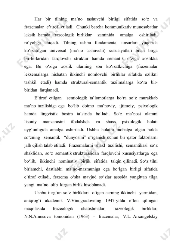 r hamda frazeologik birliklar bir xil fundamental ma’no turlariga ega bo‘lib, ular semantika, pragmatika va kognitiv tilshunoslik doirasida yaqqol ko‘zga tashlanadi. so‘zning asosiy ma’nosi – denotativ (referensial) ma’no bo‘lib, nufuzli lingvistik terminlar lug‘atida “denotat” va “denotativ” tushunchalariga quyidagicha tavsiflar berishadi. denotat (lot.denotare – belgilamoq). til birligi (so‘z) yordamida nomlovchi (ataluvchi) voqelik, narsa-buyum. masalan, yuz, bet, aft, chehra turk so‘zlari bir predmet (denotat)ning turli nomlaridir. denotativ – ob’ektni tabiiy yoki o‘ziga xos xususiyatlaridan qat’i nazar, berilgan referent bilan bog‘lash uchun xizmat qiladi. denotatsiya so‘zning asosiy ma’nosi bo‘lib, insonlar so‘z bilan bog‘lashi mumkin bo‘lgan his-tuyg‘ularni yoki fikrlarni o‘z ichiga olmaydi. denotativ ma’no – bu so‘zning yoki iboraning to‘g‘ridan-to‘g‘ri, asosiy ma’nosi, ya’ni biror narsani aniq ko‘rsatadigan ma’nosi. u so‘zning lug‘aviy ma’nosi bo‘lib, unda qo‘shimcha tuyg‘ular, hislar yoki ramziy ma’nolar yo‘q. masalan, “gul” so‘zining denotativ ma’nosi – bu o‘simlikning bir turi, gulning o‘zi. bu so‘z orqali shunchaki gulni tasvirlaymiz, unga boshqa ma’nolar yoki hislar …