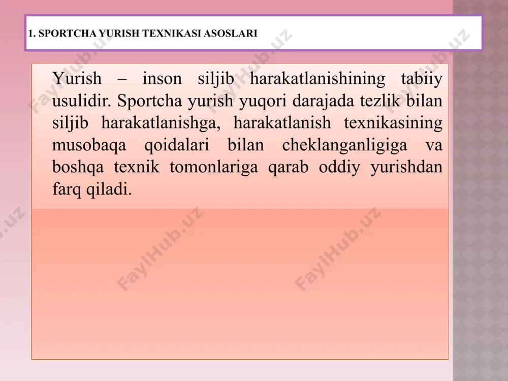 siklik harakatlarga kiradi, bu erda harakat sikli ikkitalik (qo‘sh) qadamni o‘z ichiga oladi. yurishdagi ikkitalik tayanch davri o‘rniga yugurishda uchish davri mavjud. yugurishda quyidagilarni ajratish mumkin: a) yakka tayanch davri; b) uchish davri; v) qadam tashlaydigan oyoqni o‘tkazish davri (u tayanch davriga mos keladi). yugurishda tezkorlik, harakatlar amplitudasi, katta mushak kuchlanishlarining namoyon bo‘lishi yurishdagiga qaraganda ko‘proq – bu omillar yugurish tezligiga bog‘liq (tezlik qancha yuqori bo‘lsa, aytib o‘tilgan omillarning ahamiyati shuncha yuqori). yuqori malakali yuruvchilarda qadamlar sur’ati minutiga 190 dan 230 qadamgacha bo‘ladi. qadam uzunligi 95 dan 130 sm atrofida bo‘lib, yuruvchining oyoq uzunligiga va rivojlantiriladigan mushak kuchlanishlariga bog‘liq. yugurishda qo‘l harakatlari texnikasi yugurish tezligiga bog‘liq. yuguruvchining vazifasi maksimal tezlikni rivojlantirishdan iborat bo‘lgan qisqa masofalarda qo‘llarning harakat amplitudasi eng katta bo‘ladi, qo‘llarning harakat tezligi yugurish qadamlari sur’atiga mos keladi. oyoqlar va qo‘llarning harakat sur’ati bir-biri bilan o‘zaro bog‘liq. yugurish qadamlari sur’atini oshirish uchun qo‘l harakatlari sur’atini oshirish lozim. 90o burchak …