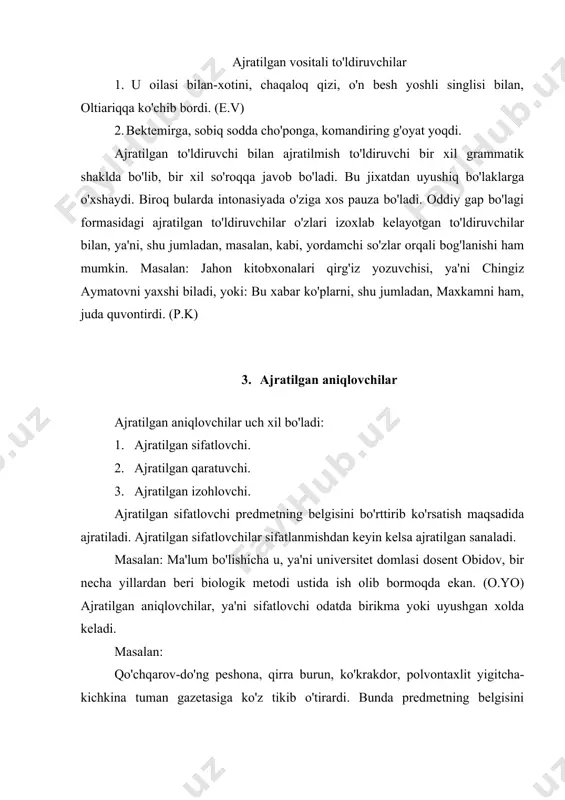rmasidagi ajratilgan xol. 2. o'xshatish oboroti formasidagi ajratilgan xol. 3. ko'makchi konstruksiya oboroti formasidagi ajratilgan xol. ravishdosh oboroti formasidagi ajratilgan xol. ravishdoshlar o'ziga oid so'zlar bilan kengayib kelishi mumkin. bular ravishdosh oboroti deyiladi. ravishdosh oboroti odatda ajratilgan bo'ladi. masalan: 1. shu payt ikki “pobeda” birin-ketin signal berib, boqqa kirib keldi. (s.n) 2. dilmurod ko'zlarini yerdan olmay, sekin-sekin odimlab boryapti. 3. biz institutdan qaytgach, bir oz dam oldik. ravishdosh oboroti quyidagicha ma'noni ifodalaydi. 1. ish-harakatning bajarilish xolati. masalan: a) mavlon ota uzoq-uzoqlarga tikilib, roxatlanib nafas oldi. (s.n) b) kanizak o'tirgan odamlarni oralib narigi tomonga o'tib ketdi. (a.k) 2. ish-harakatning bajarilish payti. masalan: a) botir mehmonlar bilan salomlashib, ayvonli uyga o'tdi. (s.n) b) ekskursantlar manzilga yetguncha, bir necha doyda dam oldilar. 3. ish-harakatning bajarilish shartini. masalan: dunyoni tanimay, dunyo kishisi bo'lmaysizlar. 4. ish-harakatning bajarilish sababini. masalan: a) bo'taboy cholning kallasida nima borligini bilolmay, ancha vaqtgacha u yoqqa-bu yoqqa to'lg'onib uxlayolmadi. (s.a) b) …