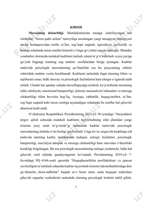 a psixologik baholash usullarining qo‘llanilishi o‘zbekiston amaliyotida ham keng quloch yozmoqda. davlat idoralari, oliy o‘quv yurtlari, xususiy sektor korxonalari ishga qabul qilishda psixodiagnostik testlar, suhbatlar va psixologik intervyularni tatbiq etishmoqda. kurs ishining maqsadi. kadrlar tanlovida psixologik mezonlarning o‘rnini ilmiy-nazariy va amaliy jihatdan o‘rganish, ularning tanlov jarayonidagi ahamiyatini aniqlash, psixologik mezonlar asosida samarali kadrlar siyosatini shakllantirishga oid tavsiyalar ishlab chiqishdan iborat. kurs ishining vazifalari: · kadrlar tanlovida qo‘llaniladigan psixologik mezonlarni o‘rganish; · psixologik mezonlarning samaradorlikka ta’sirini tahlil qilish; · mavzuga oid xorijiy va mahalliy tajribalarni solishtirish; · tanlov jarayonlarida psixologik yondashuvni takomillashtirish bo‘yicha takliflar ishlab chiqish. kurs ishining predmeti. kadrlar tanlov jarayonida qo‘llaniladigan psixologik mezonlar va ularning mazmuni, turlari, baholash usullari hamda ushbu mezonlarning tanlov natijalariga ta’sir darajasi. kurs ishining obyekti. kadrlar tanlovi jarayonlari va bu jarayonlarda inson omiliga asoslangan baholash tizimlari. kurs ishining tuzilishi: kirish, 2 ta bob, umumiy xulosa va foydalanilgan adabiyotlar ro‘yxatidan iborat. i-bob. kadrlar tanlovida psixologik mezonlarning …