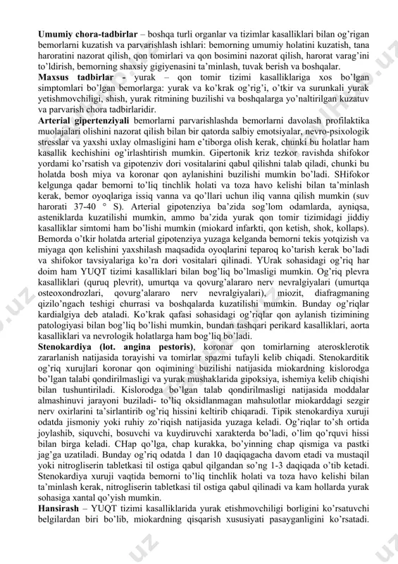 di, pastki bo’lagida bo’lsa qoringa yotqizib bosh qismi bir oz pastga engashtiriladi (37 rasm). drenaj xolatda bemorni silash, siypalash, titratish yo’llari bilan massaj qilish yaxshi natija beradi. postural drenaj kuniga 2-3 marta 20-30 daqiqa davomida bajariladi. chaqaloqlarda yo’talni qo’zg’atish til ildiziga shpatel tekkizish bilan amalga oshiriladi. statsionar sharoitida sun’iy nafas olishni ta’minlash maqsadida ambu tipidagi qopchadan foydalaniladi. qopcha klapandan tashkil topgan bo’lib, bosilgan vaqtda avtomatik ravishda qopqoqcha yopiladi va havo niqob orqali bemorga o’tkaziladi. niqob bemor og’zi va burnini mahkam yopishi shart (rasm. 16). sun’iy nafas oldirish passiv nafas chiqarish uchun qopchani 2 s li interval oralig’ida ritmik bosish bilan amalga oshiriladi.. sun’iy nafas oldirishni samarali mezonlari bo’lib: nafas olish vaqtida ko’krak qafasi ekskursiyasi, shovqinli nafas chiqarish, tsianoz va teri qoplamlarini marmarsimon tusini yo’qolishi hisoblanadi. sun’iy nafas olishni bu usulda davom yettirish yoki bemorni apparatga ulashni shifokor belgilaydi. 2. nafas olishni sanash. funkstional tekshiruvlarga ko’rsatma. ko’krak yoshidagi bolalarda nafas olishning …