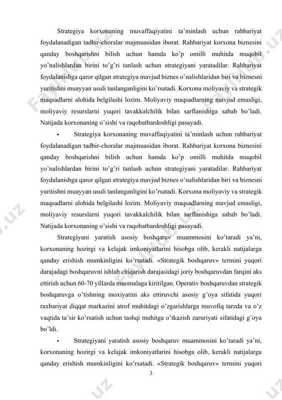 oya sifatida yuqori raxbariyat diqqat markazini atrof muhitdagi o’zgarishlarga muvofiq tarzda va o’z vaqtida ta’sir ko’rsatish uchun tashqi muhitga o’tkazish zaruriyati sifatidagi g’oya bo’ldi. · strategiyani yaratish asosiy boshqaruv muammosini ko’taradi ya’ni, korxonaning hozirgi va kelajak imkoniyatlarini hisobga olib, kerakli natijalarga qanday erishish mumkinligini ko’rsatadi. «strategik boshqaruv» termini yuqori darajadagi boshqaruvni ishlab chiqarish darajasidagi joriy boshqaruvdan farqini aks ettirish uchun 60-70 yillarda muomalaga kiritilgan. operativ boshqaruvdan strategik boshqaruvga o’tishning moxiyatini aks ettiruvchi asosiy g’oya sifatida yuqori raxbariyat diqqat markazini atrof muhitdagi o’zgarishlarga muvofiq tarzda va o’z vaqtida ta’sir ko’rsatish uchun tashqi muhitga o’tkazish zaruriyati sifatidagi g’oya bo’ldi. strategik boshqaruv nazariyasining nufuzli ishlab chiqaruvchilari tomonidan taklif etilgan bir qancha ta’riflarni ko’rib chiqaylik. shendel va xatten uni «tashkilotni uning atorfidagi muhit bilan aloqani aniqlash va o’rnatish jarayoni» sifatida tushunganlar.ushbu jarayon tanlangan maqsadlarni amalga oshirish va resurslarni taqsimlash vositasida atrof muhit bilan kungildagiday o’zaro munosabatlar xolatiga erishish xarakatlaridan iborat. tashkilotga ma’lum kelajakni ta’minlovchi …