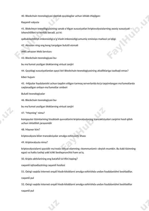 ng egasi va hatto tashqi yoki ichki boshqaruvchisi ham yo‘q. 50. kripto aktivlarining eng batafsil ta'rifini toping? raqamli iqtisodiyotning raqamli hosilasi 51. oxirgi vaqtda internet orqali hisob-kitoblarni amalga oshirishda undan foydalanishni boshladilar. raqamli pul 52. oxirgi vaqtda internet orqali hisob-kitoblarni amalga oshirishda undan foydalanishni boshladilar raqamli pul 53. kriptovalyuta nima? kriptovalyutalarni qaysidir ma'noda virtual olamning «kommunizmi» deyish mumkin. bu kabi tizimning egasi va hatto tashqi yoki ichki boshqaruvchisi ham yo‘q. 54. kripto aktivlarining eng batafsil ta'rifini toping? raqamli iqtisodiyotning raqamli hosilasi: 55. bulutli hisoblash kontseptsiyasi birinchi marta kim tomonidan bildirilgan? 1970 yilda licklider 56. "bulut" atamasi …. anglatadi. foydalanuvchilar hisoblash va ma'lumotlarini saqlashi boshqa joyda, boshqa birovning ma'lumotlar markazida bo'lishini. 57. chat-bot bu________ chatda boshqa odamni taqlid qiladigan dastur. 58. sun'iy intеllеkt bu-? aqliy hatti–harakatlarga nisbatan kompyutеr tizimining qobiliyati tushuniladi 59. : suniy neyron tarmog’i – bu biologik neyron tarmoqlarining ishlashini tashkil etish printsipiga asoslangan matematik model, shuningdek uning dasturiy …
