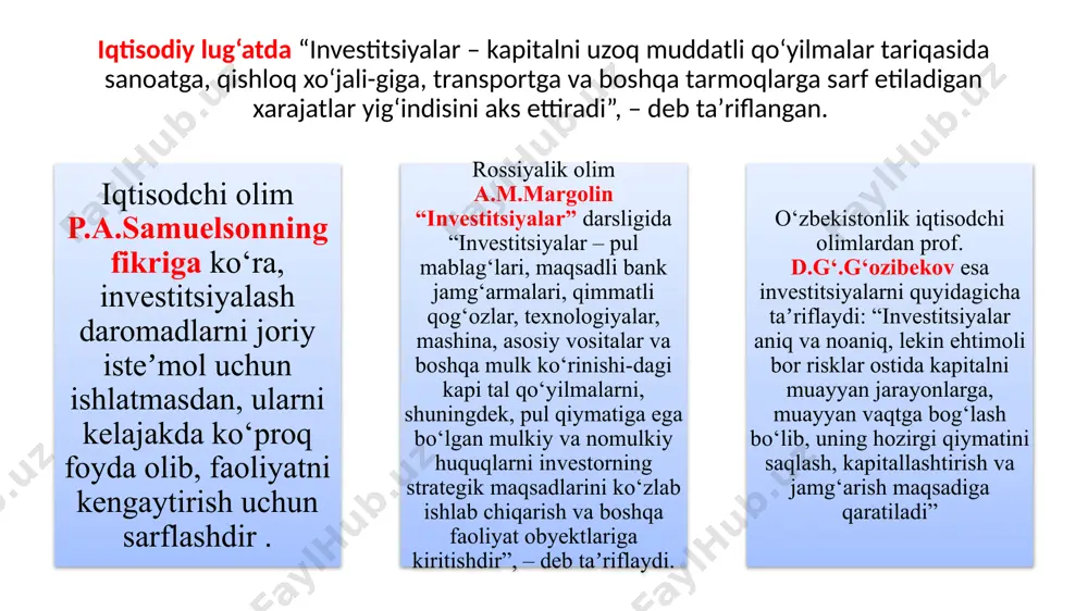 erishish uchun mol-mulkni yoki mol-mulkka boʻlgan huquqni qonunda nazarda tutilgan faoliyat turiga tavakkalchilik asosida jalb etish va uni amalga oshirish bosqichlari majmui hisoblanishini keltirib oʻtadi. “oʻzbekistonda xorijiy investitsiyalarni jalb qilish va tartibga solishda oʻzbekiston respublikasining “investitsiyalar va investitsiya faoliyati toʻgrisida”gi qonun va boshqa qonun hujjatlari uning huquqiy asosi boʻlib xizmat qiladi. oʻzbekiston respublikasi prezidenti sh.m. mirziyoyevning oliy majlisga murojaatnomasida: “jahon tajribasi shuni koʻrsatadiki, qaysi davlat faol investitsiya siyosatini yuritgan boʻlsa, oʻz iqtisodiyotining barqaror oʻsishiga erishgan. 09.12.2019 oʻzbekiston respublikasida xorijiy investitsiyalarni jalb qilishni jadallashtirishga yoʻnaltirilgan faol siyosat olib borilmoqda. milliy valyutaning joriy operatsiyalar boʻyicha konvertatsiyasining ta’minlanishi va islohotlarni amalga oshirish strategiyasi oʻzbekistonda iqtisodiyotni yanada erkinlashtirish va xorijiy kapital ishtirokidagi loyihalarni amalga oshirish uchun qulay asosni shakllantiradi. respublikamizda xorijiy investorlar uchun huquqiy kafolatlar va imtiyozlarning keng qamrovli tizimi shakllantirilgan. bu tizim “xorijiy investitsiyalar va kreditlarni jalb etish hamda oʻzlashtirish jarayonini takomillashtirish chora-tadbirlari toʻgʻrisida”gi, “investitsiyalar va investitsiya faoliyat toʻgʻrisida”gi, va “qimmatli qogʻozlar bozori …