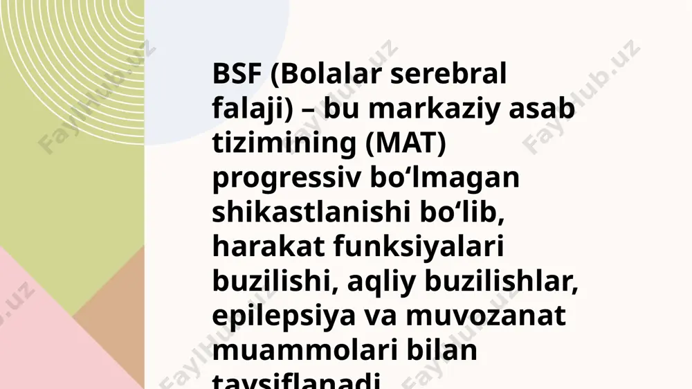 turolmaslik, ag‘darilib tusholmaslik. o‘yinchoqlarga qiziqishning yo‘qligi. qo‘l-oyoqlarni ongli ravishda harakatlantira olmaslik. boshqa alomatlar: skelet deformatsiyasi (qiyshiqlik, skolioz). bo‘g‘imlardagi harakatlarning cheklanishi. bo‘yin, yelka, belda surunkali og‘riqlar. miy funksional buzilishlari. g‘ilaylik. ixtiyorsiz harakatli hujumlar. siydik tuta olmaslik. nafas olish funksiyasining buzilishi. epilepsiya, ko‘rish va eshitish bilan bog‘liq muammolar. endokrin patologiyalar (semirish, o‘sishdan orqada qolish). kognitiv buzilishlar oligofreniya, ruhiy rivojlanishning kechikishi, ta’limning buzilishi. kasallikning xususiyatlari: surunkali, lekin zo‘rayib bormaydigan holat. simptomlarning soxta rivojlanishini keltirib chiqaradigan ikkilamchi asoratlar bo‘lishi mumkin. diagnostika mrt elektroansefalografiya (eeg) travmatologiya-ortopediya oftalmologiya biokimyoviy qon tahlili doppler neyrosonografiyasi genetika tekshiruvlari bsf tashxisi: belgilari: apgar shkalasi bo‘yicha past ball. tonus va harakat faolligining buzilishi. rivojlanishdan orqada qolish. yaqinlar bilan aloqa yo‘qligi. bsfni davolash: bsfni davolash: reabilitatsiya: maqsad: intellektual, motor va nutq ko‘nikmalarini rivojlantirish. usullar: massaj, lfk, maxsus kiyimlar va apparatlardan foydalanish. texnik vositalar: qistirmalar, ortodezlar, qo‘ltiqtayoqlar, aravachalar. dorilar bilan davolash: epilepsiyada antikonvulsantlar. yuqori tonusda antispastik vositalar. og‘riq qoldiruvchi va spazmolitiklar. metabolik preparatlar, …