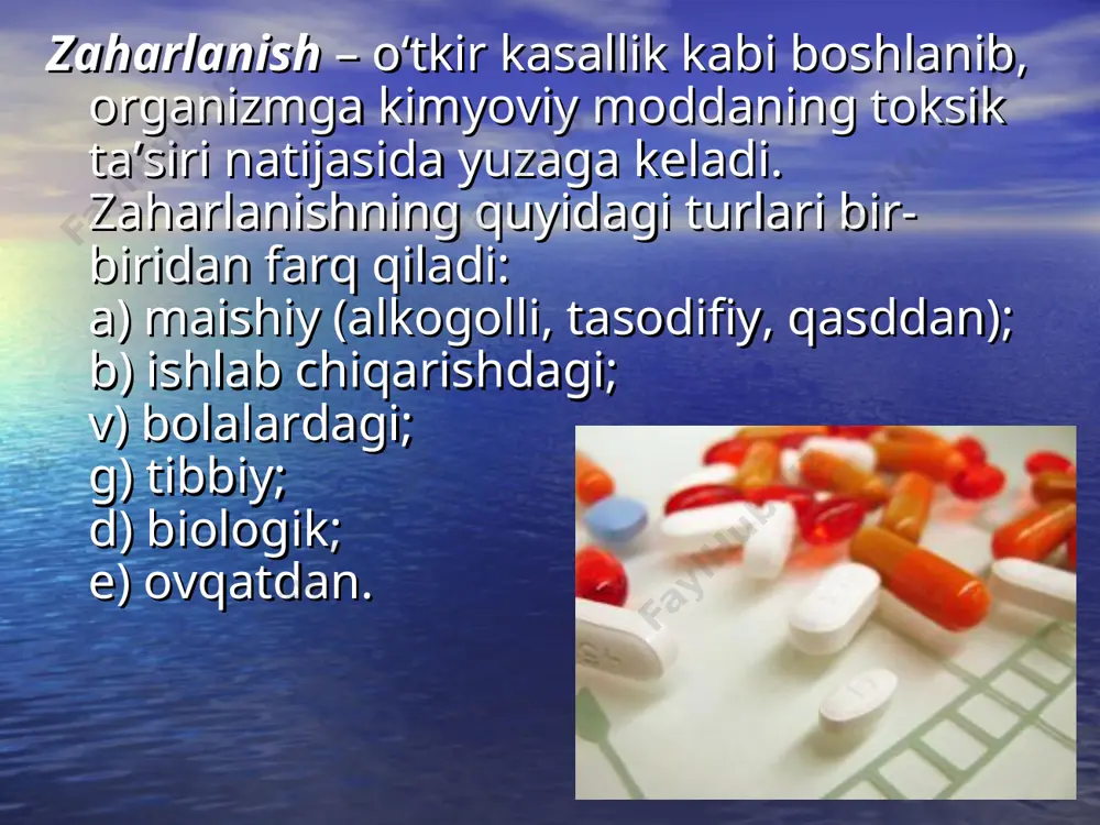 ojlanadi. nafas olishning buzilishi quyidagi ko‘rinishda bo‘lishi mumkin: 1) aspiratsion-obturatsion shakli. bu tilning orqaga ketishi va qusiq massalari tufayli tiqilib qolishi bilan kechadi; 2) nafas o‘zgarishlarining markaziy shakli ixtiyoriy nafas olish harakatlarining yo‘qligi yoki yetishmasligi bilan kechadi; 3) o‘pka shokining rivojlanishi bilan bog‘liq – o‘pka shishi, pnevmoniya, bronxospazm bilan kechadigan o‘tkir traxeobronxit. oshqozon-ichak tizimining shikastlanishi o‘tkir gastro-enterit, qusish, ich ketishi, qorinning har xil joyida va turli intensivlikdagi og‘riqlar ko‘rinishida kechadi. jigarning shikastlanishi jigarning kattalashishi va og‘riq bo‘lishi, ko‘z sklerasi va terining sarg‘ayishi bilan kechadi. odatda qisqa vaqt ichida asabiy o‘zgarishlar ham qo‘shiladi – bezovtalik, qon ketishi, teri va shilliq qavatlarga qon quyilishi. buyraklar shikastlanganda, ko‘pincha tezda o‘tkir buyrak yetish-movchiligi rivojlanadi. uxlatuvchi moddalar bilan zaharlanish. bunda ko‘rsatiladigan birinchi yordam: jabrlanuvchi koma yoki chuqur uyquga ketgan holatda bo‘ladi. nafas vaqt-vaqti bilan, rangi oqarib ketgan yoki sianoz (ko‘karish), harorati ko‘tarilgan, keyinchalik toshma toshishi mumkin. aktivlangan ko‘mir yoki qandaydir boshqa sorbentlardan foydalanish, oshqozonni yuvish …