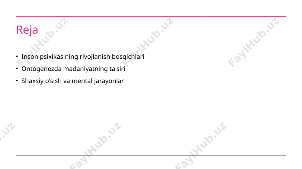 atdan o'zlariga xos qiyofalar yaratadilar. ontogenez jarayonida madaniyat va psixologik shakllanish. madaniyat ta'rifi ontogenez va madaniyat madaniyat va psixologik o'zgarish madaniyat, insoniyatning ijtimoiy, iqtisodiy va ruhiy jarayonlarini o'z ichiga oladi. u psixologik shakllanishda muhim rol o'ynaydi. ontogenez jarayonida madaniyat, shaxsning ruhiy rivojlanishida ta'sir ko'rsatadi. ushbu jarayon shaxsning ijtimoiy muhit bilan o'zaro aloqasini belgilaydi. madaniyat, psixologik jarayonlar va shaxsiy o'sishni shakllantiruvchi omil sifatida, insonning xarakteri va his-tuyg'ulariga ta'sir qiladi. madaniyatning shaxsiy o'sishga ta'siri: o'ziga xoslik va umumiylik. 01 madaniyat va o'ziga xoslik madaniyat odamlarning shaxsiy o'sishiga ta'sir etadi. har bir insonning o'ziga xosligi madaniy kontekstda shakllanadi va o'ziga xos qobiliyatlarni rivojlantiradi. 02 umumiylik va birlik madaniyat umumiy qadriyatlar va an'analarni birlashtiradi. bu, shaxslararo munosabatlarni kuchaytiradi va ijtimoiy birlashuvni ta'minlaydi, bu esa o'sishni rag'batlantiradi. 03 madaniyat va o'zgarish davrlar o'zgarishi bilan madaniyat ham o'zgaradi. bu o'zgarishlar shaxsiy rivojlanishga ta'sir ko'rsatib, yangi ijtimoiy va psixologik muammolarni keltirib chiqaradi. milliy an'analar va psixologik rivojlanish: …