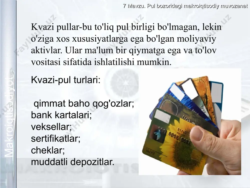 vozanat makroiqtisodiyot pul taklifining modeli pul taklifi: ms = c + d pul bazasi: mb = c + r pul multiplikatori: m = ms / mb = (c+d) / (c+r)= (cr +1) / (cr + rr) c – naqd pullar d - depozitlar c – naqd pullar r - rezervlar cr – c/d –deponentlash koeffitsienti rr – r/d – rezervlash koeffitsienti 7 mavzu. pul bozoridagi makroiqtisodiy muvozanat makroiqtisodiyot pul bozoridagi muvozanat: md2 i ms1 ms2 md1 pul bozorining ekzogen ko’rsatkichlari: daromad darajasi – pulga bo’lgan talab egri chizig’ining siljishini belgilaydi (md1–md2) pul taklifi – pul taklifi egri chizig’ining siljishini belgilaydi (ms1-ms2) pul bozoridagi muvozanat o’zgaruvchan foiz stavka orqali ushlab turiladi 7 mavzu. pul bozoridagi makroiqtisodiy muvozanat makroiqtisodiyot 2017 yilgi inflyatsiya 7 mavzu. pul bozoridagi makroiqtisodiy muvozanat makroiqtisodiyot 20 image3.jpeg image4.tmp image5.tmp image6.tmp image7.tmp image8.tmp image9.tmp image10.jpeg image11.tmp image12.tmp image13.tmp image14.png image15.tmp image16.tmp image17.tmp image18.wmf image19.wmf oleobject1.bin oleobject2.bin image20.wmf oleobject3.bin image21.tmp …