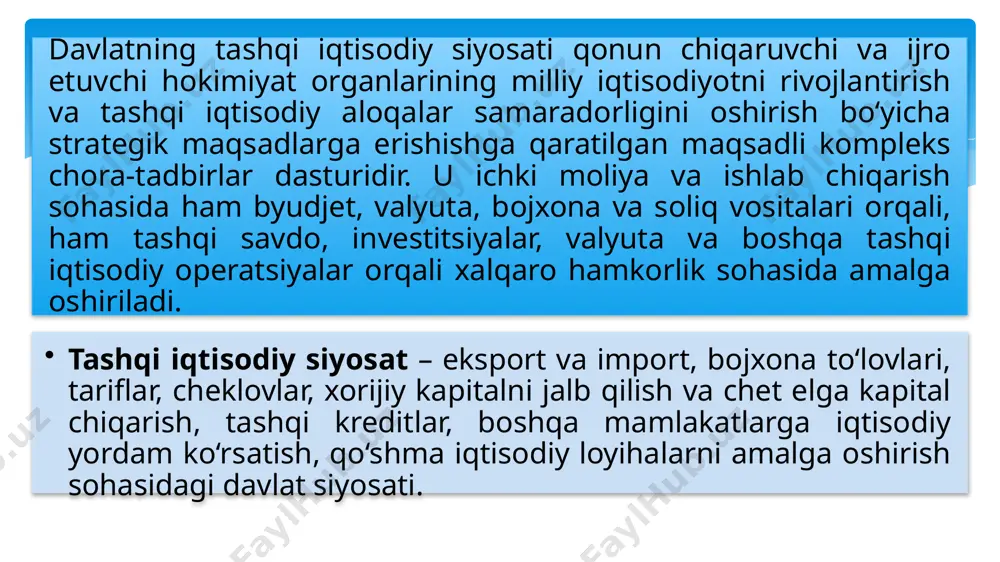 ublikasining tif to’g’risida"gi qonuni qabul qilindi. tashqi iqtisodiy faoliyat to’g’risidagi qonunning 5- moddasiga muvofiq: tashqi iqtsiodiy faoliyat subyektlari, tashqi iqtisodiy faoliyatni amalga oshirayotgan o’zbekiston respublikasining yuridik va jismoniy shaxslari tashqi iqtisodiy faoliyat subyektlari hisoblanadilar. 6-modda. tashqi iqtisodiy faoliyat obyektlari. oldi-sotdi yoki ayirboshlash obyekti bo‘lgan tovarlar, ishlar (xizmatlar), har qanday mol-mulkka, shu jumladan, qimmatli qog‘ozlar, valyuta qimmatliklariga, elektr, issiqlik energiyasi va boshqa turdagi energiyaga, transport vositalariga, intellektual mulk obyektlariga nisbatan, tashqi iqtisodiy faoliyatda foydalanilishi qonunchilik bilan taqiqlanganlarini istisno etganda, tashqi iqtisodiy faoliyat amalga oshirilishi mumkin. 10 17-modda. tashqi iqtisodiy faoliyatni davlat tomonidan tartibga solish tashqi iqtisodiy faoliyatni davlat tomonidan tartibga solish quyidagi yo‘llar bilan amalga oshiriladi: tashqi iqtisodiy faoliyatning qonunchilik negizini shakllantirish va takomillashtirish; valyuta bilan tartibga solish; soliq bilan tartibga solish; tarif va notarif tartibga solish; o‘zbekiston respublikasining iqtisodiy manfaatlariga rioya etilishi uchun himoya, kompensatsiya va dempingga qarshi choralarni qo‘llash; tashqi savdo faoliyatini amalga oshirish tartibini belgilash, shu jumladan, miqdoriy …