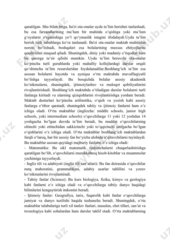 di va boshqa davlat qoidalari ostida ishlaydi. bu, taʼlimning demokratik va oʻzlashtirilgan jihatlarini koʻrsatadi, shuningdek, moliyalashtirish va dastur belgilashda oʻzining xususiyatlari mavjud. aqshdagi taʼlim tizimi juda koʻp qirrali va turli xil taʼlim shakllarini oʻz ichiga oladi. davlat maktablari odatda ommabop boʻlib, ular bepul taʼlim berishadi va maktab yoshidagi bolalarning aksariyatini qamrab oladi. biroq, xususiy maktablar ham muhim rol oʻynaydi, ularning ba'zilari diniy asosga ega boʻlib, talabalarni nufuzli oliy oʻquv yurtlariga tayyorlashga qaratilgan. shu bilan birga, ba'zi ota-onalar uyda taʼlim berishni tanlashadi, bu esa farzandlarining maʼlum bir muhitda oʻqishiga yoki maʼlum gʻoyalarni oʻrganishiga yoʻl qoʻymaslik istagini ifodalaydi.uyda taʼlim berish turli sabablarga koʻra tanlanadi. ba'zi ota-onalar maktab muhitidan norozi boʻlishadi, boshqalari esa bolalarining maxsus ehtiyojlarini qondirishni maqsad qiladi. shuningdek, diniy yoki madaniy eʼtiqodlar ham bu qarorga taʼsir qilishi mumkin. uyda taʼlim beruvchi ota-onalar koʻpincha turli guruhlarda yoki mahalliy kollejlardagi darslar orqali qoʻshimcha taʼlim resurslaridan foydalanadilar.boshlangʻich taʼlim esa asosan bolalarni hayotda va ayniqsa …
