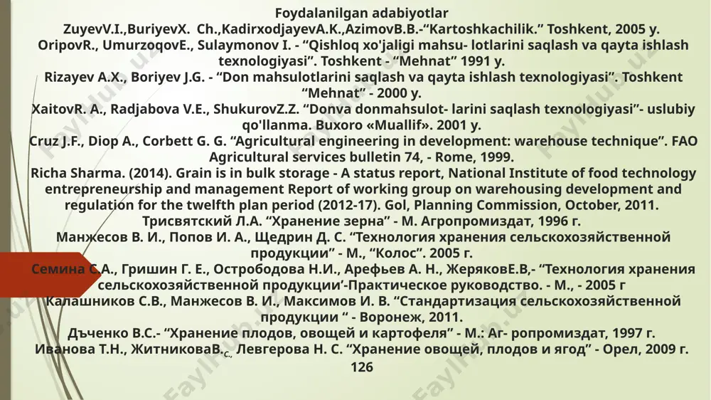 h reja: 1.mevalar pishish darajasini aniqlash. 2.poliz mevalarini yig’ish muddatlari va usullari. 3.mevalarni tashish xususiyatlari va ishlatiladigan transport vositalari. 4.poliz mevalarini saqlash usullari va omborxona turlari. 1. o’zbekistonda qovun va tarvuz mevalarining pishib yetilishi ularning navlariga qarab iyul oyining o’rtasidan to kuz boshlanib birinchi sovuq tushgancha davom etadi. xashaki tarvuz va qovoq sentabr, oktabr oylarida pishib yetiladi. poliz ekinlari mevalarining pishganligini aniqlash uchun yuqori saviya kerak bo’ladi. ayniqsa, tarvuzni pishganini tanlash juda qiyin. paykalda tarvuz pishganda meva bandi va mevaga yaqin joylashgan jingalak quriydi, meva yuzasi yaltillaydi. mevani barmoq bilan chertganda bo’g’iq po’killaydi, kaftlar orasiga olib ezilganda, meva eti siqilib g’irchillagan tovush eshitiladi. ammo bu belgilar faqatgina mevaning pishib yetilishiga xos bo’libgina qolmay, boshqa holatlarda ham yuqoridagi belgilar takrorlanadi. masalan, palakdagi mevaga yaqin joylashgan jingalak o’simlik o’sib rivojlanishi uchun noqulay sharoit sodir bo’lganida ham qurib qolishi mumkin. barmoq bilan chertib ko’rilganda bo’g’iq po’killash po’sti qalin, hali pishib yetilmagan kuzgi tarvuz …
