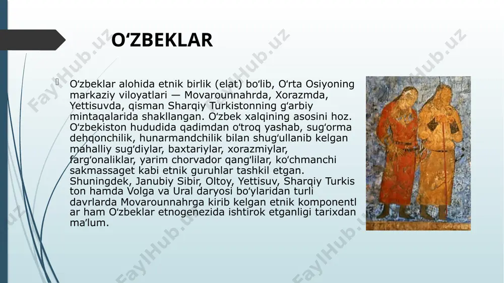 ukmronligi ostida yashaganlar. umuman olganda, 9-asrdan boshlab movarounnahr mintaqasida yaxlit turkiy etnik qatlam, jonli turkiy til muhiti vujudga kela boshladi va, oʻz navbatida, sugʻdiylar va boshqalar mahalliy etnoslarda ham turkiilashish jarayeni jadallashgan. etnograf olim k. shoniyozovning qayd etishicha, 9—10-asrlarda tigʻiz etnogenetik jarayon natijasida koʻplab turkiy qabila va elatlarning oʻtroq hayotga oʻtishi jadal davom etgan. bu asrlarda sirdaryoning shim. da, movarounnahr va xorazmda turkiy etnik qatlam kuchli etnik asosga ega boʻlgan. tabiiyki, bu kuchli etnik qatlam asosining aksariyat koʻpchiligini oʻtroqlashgan turgʻun turkiy etnoslar tashkil qilgan. qoraxoniylar qoraxoniylar davrida (11 —12-asrlar) movarounnahr va xorazmda siyosiy hokimiyat turkiy sulolalarga oʻtishi munosabati bilan oʻzbek xalqi etnogenezining yaquniy bosqichi boshlandi. gʻarbiy qoraxoniylar davlati doirasida hoz. oʻzbeklarga xos turkiy etnos qaror topdi va mazkur davrda oʻzbek xalqiga xos elatni belgilovchi hudud, til, madaniyat, tarixiy qismatining umumiyligi, etnik oʻzlikni anglash, etnosning uyushqoqligi maʼlum bir davlat doirasida boʻlishi, din umumiyligi va bir qancha shu kabi boshqa etnik alomatlar …