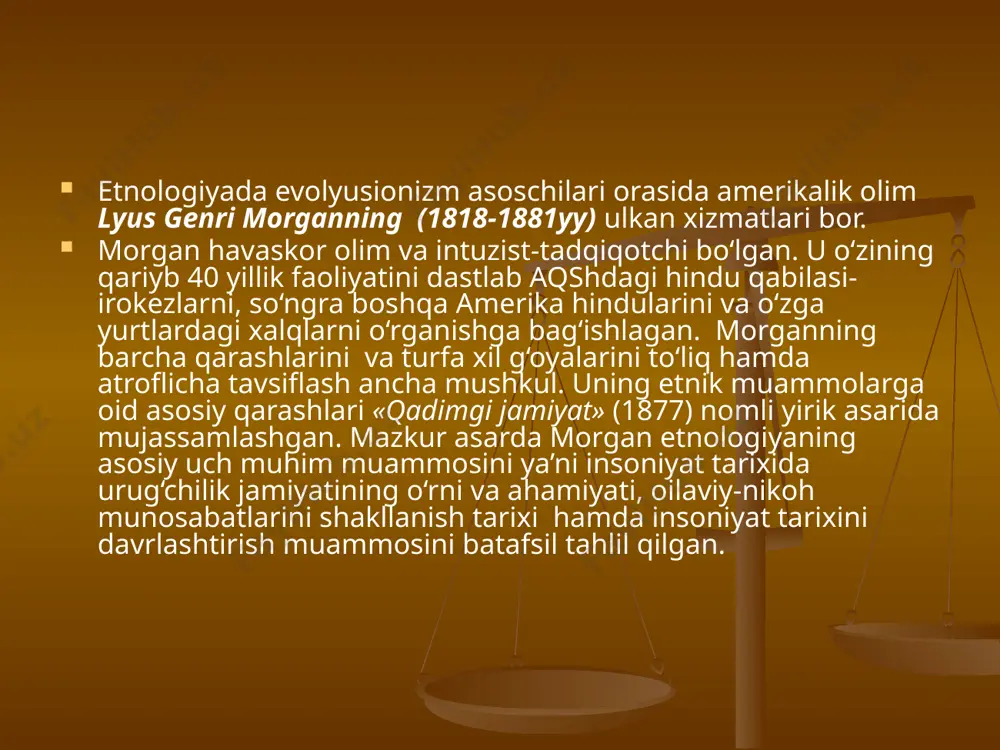 oblaydi. ushbu vaziyatda uning ona urug‘ini ota urug‘iga aylanishi mulkiy munosabatlarni o‘rnatilishi va uning meros tarzda o‘tkazilishi to‘g‘risidagi g‘oyasi etnologiya uchun muhim va qimmatli hisoblanadi. tabiiy tanlanish yangi turlarini ‘osil bo‘lishini ta’minlovchi yakuniy jarayon, uning ma’suli albatta yangi tur bo‘ladi. mazkur jarayonda yangi formalarning shakllanish sirlari darvin tomonidan suoniy tanlash yordamida izchillik bilan tushuntirildi. tabiiy tanlanish rolini evolyusiyaning mexanizmida suoniy tanlash jarayoni misolida payqash darvinning daxoligidan kelib chiqadi. faqat shu xilda yondoshishgandagina evolyusiyaning asl mexanizmi o‘rganilishi mumkin. ch.darvinning daxoligi evolyusion o‘zgarishlarni va umuman evolyusion jarayonning mexanizmini tabiiy tanlanishda ekanligini anglashdan iborat bo‘lsa, uning muvaffakiyati tabiiy tanlanishning moxiyatini tushunish uchun suoniy tanlash jarayonining mazmunini o‘rganib, shunga oid muloxazalarni suniy tanlashdan boshlash kerakligini tushunishdan iborat bo‘ldi. boshqacha qilib aytganda, darvin tabiiy tanlanish mexanizmining «kaliti»ni suoniy tanlashda ekanligini angladi. mazkur masalaga oid zikr qilingan muloxazalar shu xildagi yondashishni xaqiqatda ‘am yagona to‘ri ekanligini ko‘rsatadi. oila qonunchiligi quydagi munosabatlarni tartibga soladi nikoh tuzish tartibi …