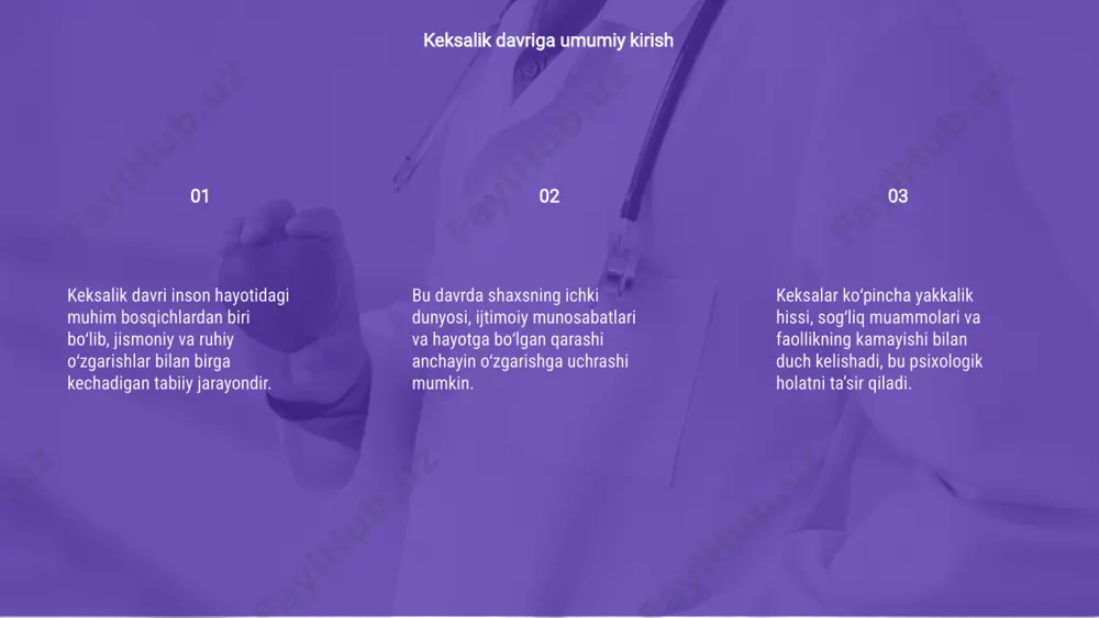 ilishadi. keksalarni rag‘batlantirish, muloqotga jalb qilish va hayotiy tajribalarini qadrlash ularning ruhiy holatini yaxshilashda muhim omil hisoblanadi. keksalarga psixologik yordam va qo‘llab-quvvatlash usullari e’tiboringiz uchun rahmat image1.png image2.png image3.png image4.gif image5.png image6.png image7.png