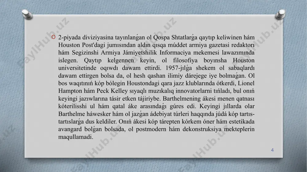 ol 1972-jılda " balalar kitaplari" qatlamında milliy kitap sıylıqına iye boldı. ol sonıń menen birge, pen, avtorlar gildiyasidin’ direktorı, amerika akademiyası hám kórkem óner hám ádebiyat institutı aǵzası edi. 8 barthelmenin’ fantastikasini geyparalar tereń ıntızamǵa iye bolǵanı ushın alǵısladi hám basqalar tárepinen mánisiz, akademikalıq postmodernizm dep masqara etildi. barthelmening pikirleri hám ijodi tiykarlanıp 20-asirdegi ǵázepnatijasi bolǵan, sebebi ol pascal, husserl, heidegger, kierkegaard, ionesko, becket, sartre hám camusni kóp oqıǵan.barthelmening gúrrińleri ádetde dástúriy syujet strukturalarınan qochadi, bunıń ornına bir-birine baylanıslı bolmaǵan tolıq maǵlıwmatlardıń turaqlı toplanıwına tayanadi. turaqlı bolmaǵan sekviturlar arqalı oqıwshınıń úmitlerin buzib, bartelm t. s. eliotnin’ "bos yer" hám james jaycening "ulysseslari" sıyaqlı modernistik dóretpelerdi eslatuvchi bóleklengen awızsha kollaj jaratadı, ol tez-tez til tájiriybelerine qarsı turadı. 9 juwmaqlaw. barthelmenin’ túpkilikli skeptitsizmi hám astarlı sóylewi onı modernistlarning kórkem ónerdiń jámiyeti qayta qurıw kúshine ıseniwinen uzoqlashtirdi hám kópshilik sınshılar onı postmodernist jazıwshı retinde klassifikaciyalawǵa alıp keldi. ádebiyatshı qánigelerdiń atap ótiwishe, bartelm, ózi …