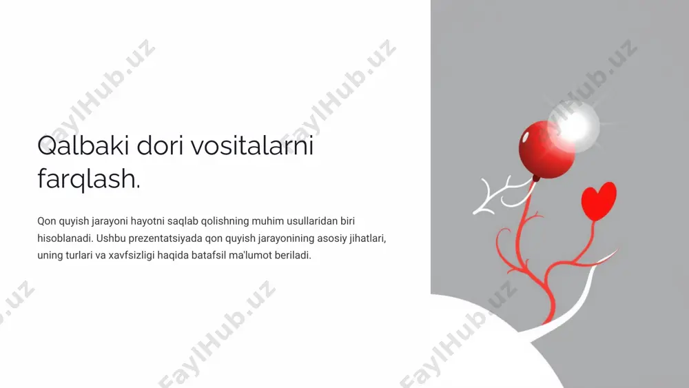 lgan qizil qon tanachalari, plazma yoki trombotsitlar quyiladi. avtomatik quyish qon avtomatik tarzda, maxsus uskunalar yordamida quyiladi. 7 qon quyishda xavfsizlik talablari 1 sterillik qon quyish jarayoni steril sharoitda amalga oshiriladi. 2 identifikatsiya donor va retsipientning qoni to'g'ri identifikatsiya qilinadi. 3 monitoring qon quyish jarayoni davomida bemorning holati doimiy ravishda kuzatiladi. 8 qon quyish haqida xato tasavvurlar 1 qon quyish xavfli zamonaviy tibbiyotda qon quyish xavfsiz bo'lib, tibbiy mutaxassislar tomonidan qat'iy nazorat qilinadi. 2 qon quyish zararli qon quyish ko'pgina kasalliklarni davolashda zarur bo'lib, bemorlarning hayotini saqlab qolishga yordam beradi. 3 qon quyish oson qon quyish jarayoni murakkab bo'lib, qon guruhi mos kelishini tekshirish va boshqa muhim talablarni bajarishni talab qiladi. 9 qon quyish jarayonining diagnostikasi 1 qon guruhi tekshiruvi donor va retsipientning qon guruhi aniqlanadi. 2 resuz faktor tekshiruvi donor va retsipientning resuz faktori tekshiriladi. 3 qonning umumiy tahlili qonning umumiy holati tekshiriladi, masalan, gemoglobin miqdori. 10 xulosa va …