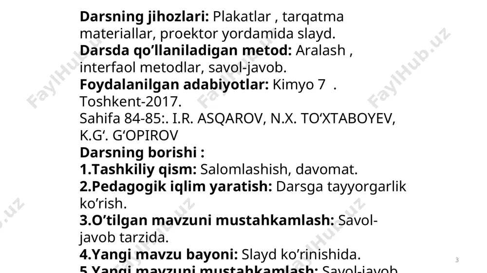 shi cl2 at f2 br2 i2 * ftor ftor grekcha “ftoros” so‘zidan olingan bo‘lib – “yemirilish” degan ma’noni bildiradi. och – yashil rangli, o‘ziga xos hidli, zaharli gaz. ftorni 1886 – yil a. muasson kashf etgan. 2hf→h2↑ + f2↑ katod anod guruhlar i iii ii viii iv v vi vii ii i iii vii vi v iv 2 1 3 4 5 6 7 9 8 10 ftor/fluorum (f) elektron konfegurasiyasi [he] 2s2 2p5 nisbiy elektromanfiyligi 4 oksidlanish darajasi −1 zichligi (−189 °c)1,108 g/sм ³ suyuqlanish harorati -220 °c qaynash harorati -188 °c davr qator * xlor xlor cl2 grekcha “xloros” - “yashil – sariq” degan ma’noni anglatadi. 1774 - yil shved dorishunosi karl vilgelm sheele kashf etdi. xlor o‘tkir bug‘uvchi hidga ega zaharli gaz mno2+ 4hcl  cl2+ mncl2 + 2h2o guruh i iii ii viii iv v vi vii ii i iii vii vi v iv 2 1 …