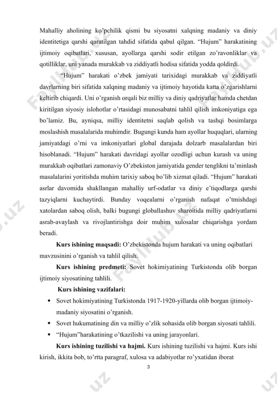 rdi. bunday voqealarni o’rganish nafaqat o’tmishdagi xatolardan saboq olish, balki bugungi globallashuv sharoitida milliy qadriyatlarni asrab-avaylash va rivojlantirishga doir muhim xulosalar chiqarishga yordam beradi. kurs ishining maqsadi: o’zbekistonda hujum harakati va uning oqibatlari mavzusinini o’rganish va tahlil qilish. kurs ishining predmeti: sovet hokimiyatining turkistonda olib borgan ijtimoiy siyosatining tahlili. kurs ishining vazifalari: · sovet hokimiyatining turkistonda 1917-1920-yillarda olib borgan ijtimoiy-madaniy siyosatini o’rganish. · sovet hukumatining din va milliy o’zlik sohasida olib borgan siyosati tahlili. · “hujum”harakatining o’tkazilishi va uning jarayonlari. kurs ishining tuzilishi va hajmi. kurs ishining tuzilishi va hajmi. kurs ishi kirish, ikkita bob, to’rtta paragraf, xulosa va adabiyotlar ro’yxatidan iborat i-bob. sovet hokimiyatining turkistonda olib borgan ijtimoiy siyosati. 1.1. sovet hokimiyatining turkistonda 1917-1920-yillarda olib borgan ijtimoiy-madaniy siyosati. hozirgi o’zbekiston hududida podsho hokimiyatining ag’darilishi natijasida madaniy hayot va ma’naviyat sohalarida murakkab, ziddiyatli jarayonlar kechdi. oldingi qariyb ellik yillik mustamlakachilik siyosatiga qaramasdan xalq ommasi o’z madaniyati, urf-odatlarini saqlab, himoya qilib …