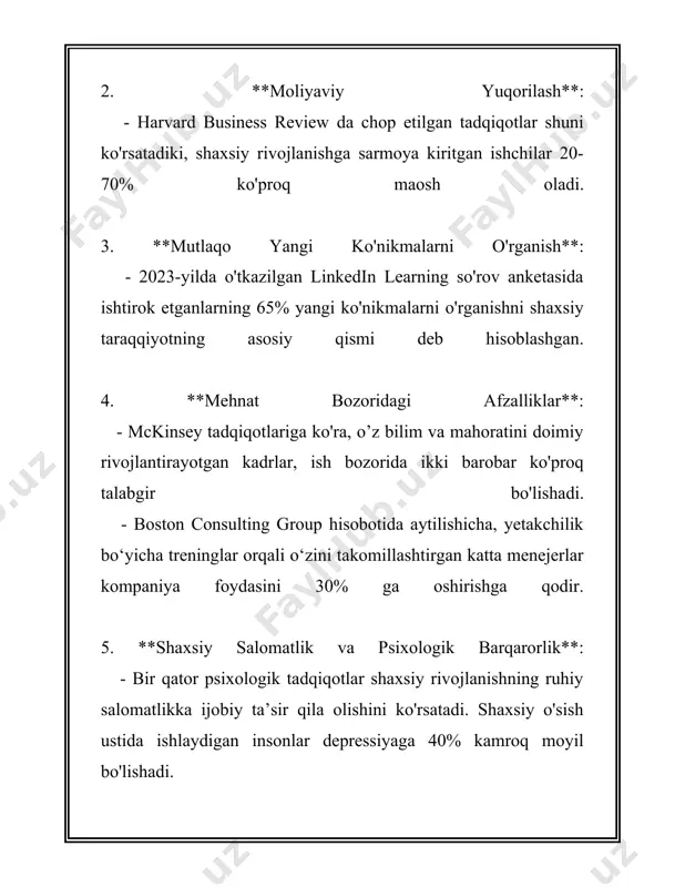 a samaraliroq bo'lishlari mumkin. 9. **extravertlik va intravertlik**: bu spketr orqali shaxslar ijtimoiy aloqalaridagi xulq-atvorlari bilan ajralib turadilar. ekstravertlar ko'proq ijtimoiy suhbatlarga kiradilar, faoliyatlari ochiq-oydin bo'ladi, intravertlar esa ichki his-tuyg'ularini chuqurroq baholab, kamroq ko'rsata olishlari mumkin. 10. **motivatsiya**: shaxsning harakatlarini yo'naltiruvchi ichki yoki tashqi turtki. motivatsiya darajasi yuqori bo'lgan shaxslar o'z maqsadlariga erishish uchun yanada kuchliroq harakat qila oladilar. shaxsning o'ziga xos xususiyatlari haqida to'liqroq tushunchaga ega bo'lish uchun, ba'zi psixologik asarlar va tadqiqotlar ushbu xususiyatlarni o'lchash uchun testlar va baholash vositalarini taklif qiladilar. bular orasida mbti (myers-briggs type indicator), big five personality traits (katta beshlik), disc profiling tizimi va boshqalar kiradi. har bir metodologiya shaxslarni turli nuqtai nazarlardan tahlil qilish va ularning xususiyatlarini aniqlashga yordam beradi. ushbu shaxsiy xususiyatlarning barchasi insonning hayotiga, faoliyat turiga va ijtimoiy munosabatlariga sezilarli darajada ta'sir ko'rsatadi. to'g'ri tushunchaga ega bo'lish, odamlar bilan muvofiqlikni oshirish, jamoaviy ishlarda muvaffaqiyat qozonishga yordam beradi. 3. shaxs va jamiyat …
