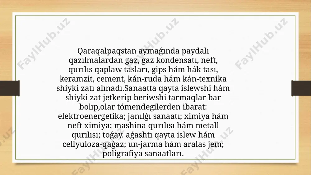tonna balıq hám 5 million dana balıq lichinkaları jetistiriw, 5 mıń tonna azıq awqat tayarlaw quwatlılıǵına iye.bul jerde awıl xojalıǵı tarmaqlarındaǵı joybarlar prezentaciyası islendi. mámleketimiz basshısı sharwashılıqta shańaraq kooperaciyasın jolǵa qoyıp qustı kóbeytiw, gósh bahasın arzanlastırıw ilajların kóriw áhmiyetin atap ótti. ózbekstanda hárbir adam 1 sutkada 2-3 litr dushshi suw ishedi. gidrosferanıń tek ǵana 2,5 procentin dushshi suw quraytuģınlıǵı haqqında bilesiz be? yaki qishloq xojalıǵınıń ayırım tarawlarındaǵı suw sarplanıwın salıstırmalı esaplap kórsek, 1 tonna biyday jetistiriw ushın 1,5 tonna, 1 tonna salı ushın - 4-5 mıń tonna, 1 tonna paxta jetistiriw ushın 10 mıń tonna suw sarplanıwı haqqında ne ayta alasız? óz ekologiyalıq mádeniyatıńız qaysı dárejede dep esaplaysız? 1990-jil 14-dekabrde qaraqalpaqstan respublikasınıń suvereniteti járiyalandı. 1991 bıyıl 31-avgustta bul jaǵday "ózbekstan respublikası mámleketlik ǵárezsizliginiń tiykarları haqqında"ǵı nızamda óz kórinisin taptı. 1993-jil 4-dekabrde mámleketlik gimn tastıyıqlandı. milliy ģárezsizlik dáwirinde respublika suverenitetiniń normativlik-huqiqiy tiykarları bekkemlendi, jańa hákimshilik hákimiyat strukturalarınıń jumısı ornatıldı. respublikada 17 …