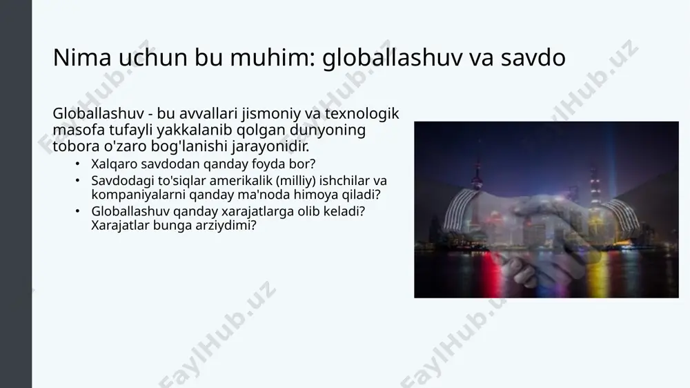 var ishlab chiqarishi mumkin bo'lganda; har bir mamlakat yoki kompaniya savdo bilan shug'ullanishida bo’lishi kerak savol: "biz bu mahsulotni ishlab chiqarish uchun nimadan voz kechamiz?" agar zambiya mis ishlab chiqarsa, u foydalanadigan resurslarni makkajo'xori kabi boshqa mahsulotlarni ishlab chiqarish uchun ishlatib bo'lmaydi natijada, zambiya makkajo'xori ishlab chiqarish imkoniyatidan voz kechadi aytaylik, zambiyada bir tonna mis qazib olish uchun 10 soat, bir bushel makkajo'xori yig'ish uchun esa 20 soat mehnat kerak bo'ladi. bu shuni anglatadiki, bir tonna mis ishlab chiqarishning imkoniyat qiymati 2 bushel makkajo'xori mamlakat barcha tovarlarda mutlaq ustunlikka ega bo'lganda nima bo'ladi yuqori daromadli mamlakatlar uchun ularda yaxshi ma'lumotli ishchilar, texnologik jihatdan ilg'or uskunalar va boshqalar borligi odatiy holdir. bu yuqori daromadli davlatlar past daromadli mamlakatlarga qaraganda kamroq resurslar bilan barcha mahsulotlarni ishlab chiqarishi mumkin agar yuqori daromadli mamlakat butun mamlakat bo'ylab samaraliroq bo'lsa, savdodan hali ham daromad bo'ladimi? savdo o'zaro manfaatli almashinuv haqidadir bir mamlakat barcha mahsulotlarda mutlaq …
