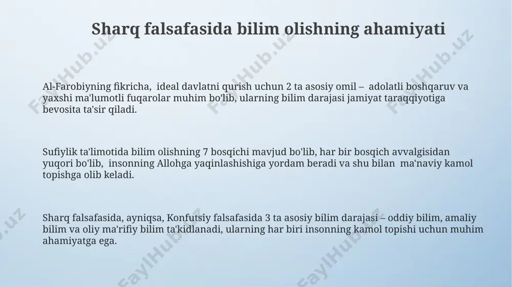 axloq (sila) va donolik (prajna), bu uchlik insonning kamol topishi va to‘liq rivojlanishi uchun muhimdir. budda ta’limotida bolalar tarbiyasi 5 ta asosiy printsipga asoslangan: hurmat, mehr-oqibat, sabr-toqat, izchillik va o‘z-o‘zini tarbiyalash, bu 5 tamoyil bolaning sog‘lom shaxs sifatida shakllanishiga xizmat qiladi. budda ta’limotida 4 asosiy olijanob haqiqat (arya sacca) orqali insonning azob-uqubatlardan xalos bo‘lish yo‘li, ya’ni nirvanaga erishish uchun 8 yo‘l (astangika marg) orqali axloqiy va intellektual tarbiya muhim ahamiyatga ega ekanligi ta’kidlanadi. lao-tsining ta’lim haqidagi g‘oyalari lao-tszi ta'limotida tabiiy taraqqiyotga e'tibor qaratilib, 3 yo'nalishdagi bilim olish – kuzatish, tajriba va intuitsiya asosida shaxsning har tomonlama rivojlanishi ta'kidlanadi. uning falsafasidagi "dao" tushunchasi insonni o'zini anglash va tabiat bilan yonma-yon yashashni o'rgatish orqali 2 asosiy maqsadga erishishga yo'naltirilgan: muvozanat va harmoniya. lao-tszi ta'limotidagi oddiylikka intilish va 5 ta his-tuyg'uni boshqarishga oid ta'limotlar, tarbiyaning asosi sifatida ichki tinchlik va mukammallikka erishish yo'lini ko'rsatadi. ta’limda an’ana va yangiliklarning uyg‘unligi ta’limda an’anaviy pedagogik usullar …