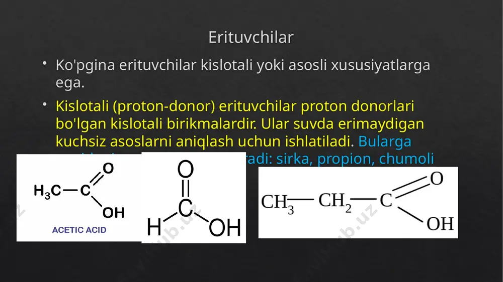 bilan aziridin yoki oksiran halqalarining ochilishi miqdoriy va tez sodir bo'ladi. shunday qilib, bu halqalarni o'z ichiga olgan birikmalar asoslar sifatida titrlanadi, ammo jarayon amalda qaytarilmaydi, chunki bu aniqlanayotgan birikmalarning kationlarini hosil qilishga olib kelmaydi. kislotali birikmalarni titrlashda titrant asosini tanlash ham erituvchiga bog'liq. qayta tiklanadigan natijalarni olish uchun titrant asosining kuchi erituvchining kuchli asosining kuchi bilan solishtirish kerakligini hisobga olish kerak. ideal holda, titrant sifatida erituvchining kuchli tuzidan foydalanish kerak, chunki u ma'lum bir erituvchida mavjud bo'lishi mumkin bo'lgan eng kuchli asosdir. shunday qilib, agar oddiy spirtlar (etanol, metanol) karboksilik kislotalarni aniqlash uchun erituvchi sifatida ishlatilsa, titrant sifatida odatda natriy etoksid va natriy metoksid ishlatiladi. indekatorlar ph o'tish oralig'ini tavsiflovchi asosiy parametrlar va indikatorning rangi turli erituvchilarda farq qiladi va ularning suvdagi qiymatlaridan juda farq qiladi. shuning uchun suvsiz erituvchilarda moddalarni aniqlash uchun ko'rsatkichlarni tanlash murakkab va ko'pincha empirik tarzda amalga oshiriladi. kislotali muhitda indikatorlari: kristal binafsha, sudan iii, …