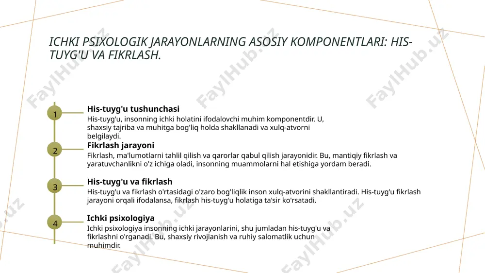 k jarayonlar his-tuyg'u va fikrlashni shakllantirib, shaxsiy identitetni mustahkamlashda muhim rol o'ynaydi. 2 an'anaviy qadriyatlar - o'zbek an'analarida oilaga bo'lgan munosabatlar, tarbiyaviy qadriyatlar va ruhiy holat ichki jarayonlarga ta'sir ko'rsatadi, shaxsni rivojlantiradi. 3 identitet va o'zlik - ichki psixologik jarayonlar shaxsning o'zligini anglashida va milliy identitetni shakllanishida muhim ahamiyatga ega, o'zbek madaniyatiga xos xususiyatlarni taqdim etadi. 4 san'at va adabiyot - o'zbek san'ati va adabiyoti ichki psixologik jarayonlarni yoritib beradi, his-tuyg'ularni ifodalash va shaxsiy tajribalarni baham ko'rishda muhim vosita hisoblanadi. tashqi ta'sirlarning o'zbek xulq-atvoriga ta'siri. tashqi ta'sirlar o'zbek xulq-atvoriga muhim ta'sir ko'rsatadi. ular ijtimoiy, madaniy va iqtisodiy omillar orqali insonlarning qaror qabul qilish jarayonini shakllantiradi. misol uchun, mahalliy an'analar va urf-odatlar fuqarolarni bir-biriga yaqinlashtiradi, bu esa ijtimoiy uyg'unlikni ta'minlaydi. shuningdek, global madaniyatning ta'siri o'zbek yoshlarining xulq-atvorida yangilik va o'zgarishlarga olib kelmoqda. photo by priscilla du preez 🇨🇦 on unsplash o'zbek an'analari va psixik hodisalar o'rtasidagi bog'lanish. 1 o'zbek an'analari - …