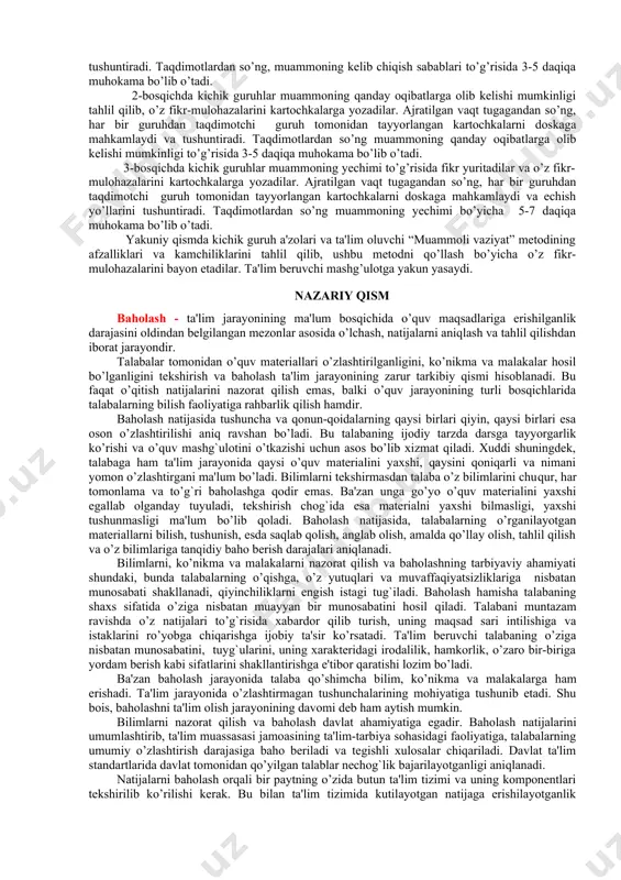 i” mavzusiga qaratilgan bo’lib, talabalar tomonidan kichik guruhlarda muammoning kеlib chiqish sabablari, oqibatlari va yеchish yo’llari ishlab chiqiladi. topshiriq bеrilgandan so’ng, talabalarga kartochkalardan foydalanish qoidalari tushuntirilib o’tiladi, ya'ni bitta kartochkaga faqat bitta fikr, yozuvlar esa katta, ko’rinarli va bosma harflarda yozilishi shart. 1-bosqichda kichik guruhlar muammoning kеlib chiqish sabablarini tahlil qilib, o’z fikr-mulohazalarini kartochkalarga yozadilar. ajratilgan vaqt tugagandan so’ng, har bir guruhdan taqdimotchi guruh tomonidan tayyorlangan kartochkalarni doskaga mahkamlaydi va tushuntiradi. taqdimotlardan so’ng, muammoning kеlib chiqish sabablari to’g’risida 3-5 daqiqa muhokama bo’lib o’tadi. 2-bosqichda kichik guruhlar muammoning qanday oqibatlarga olib kеlishi mumkinligi tahlil qilib, o’z fikr-mulohazalarini kartochkalarga yozadilar. ajratilgan vaqt tugagandan so’ng, har bir guruhdan taqdimotchi guruh tomonidan tayyorlangan kartochkalarni doskaga mahkamlaydi va tushuntiradi. taqdimotlardan so’ng muammoning qanday oqibatlarga olib kеlishi mumkinligi to’g’risida 3-5 daqiqa muhokama bo’lib o’tadi. 3-bosqichda kichik guruhlar muammoning yеchimi to’g’risida fikr yuritadilar va o’z fikr-mulohazalarini kartochkalarga yozadilar. ajratilgan vaqt tugagandan so’ng, har bir guruhdan taqdimotchi guruh …